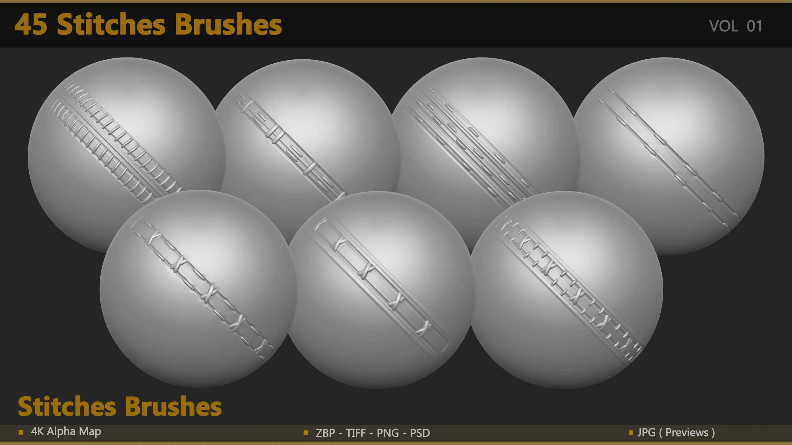 45 Seam & Stitch Brushes & Alpha (Tileable 4k-16bit)