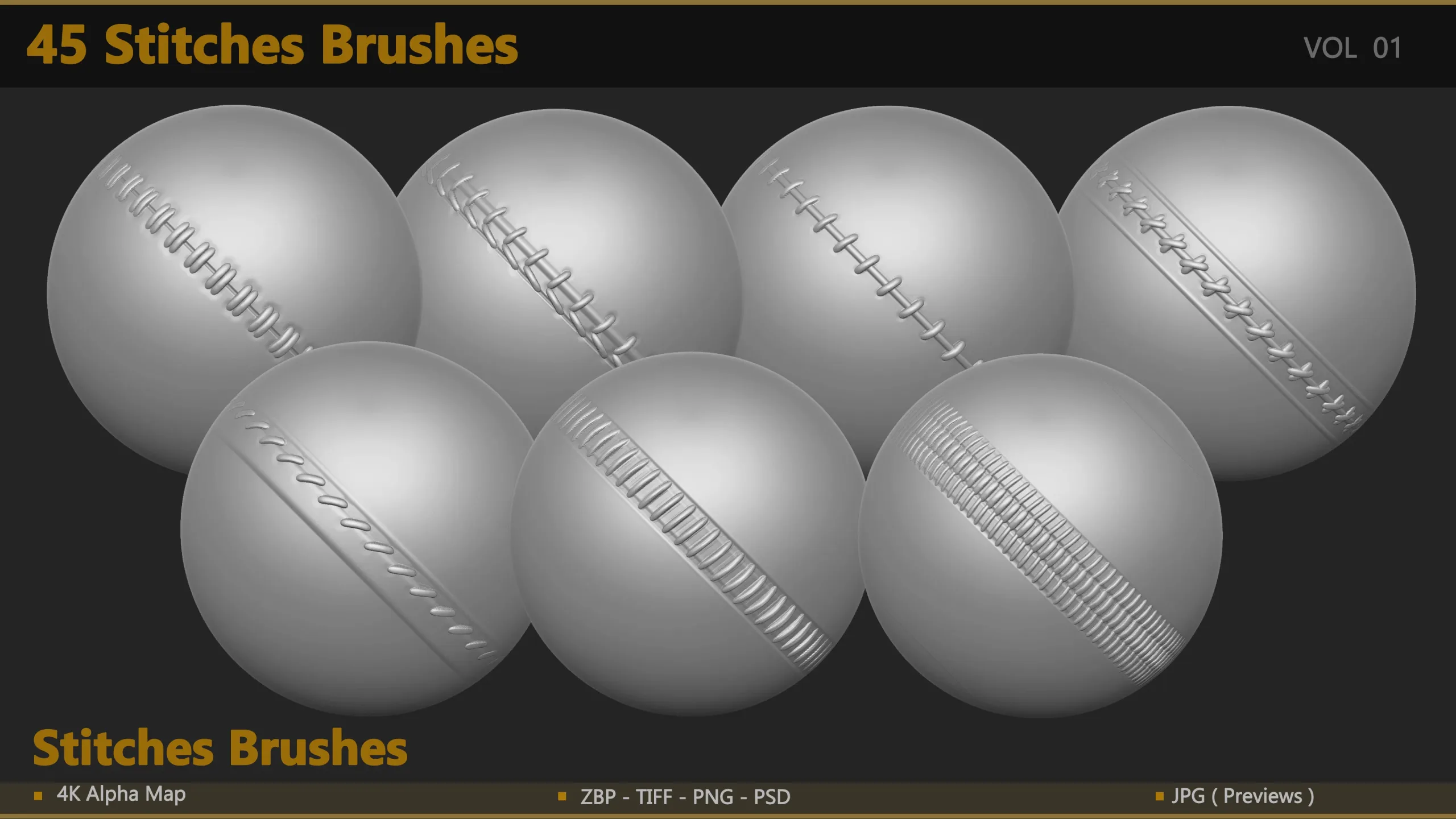 45 Seam & Stitch Brushes & Alpha (Tileable 4k-16bit)