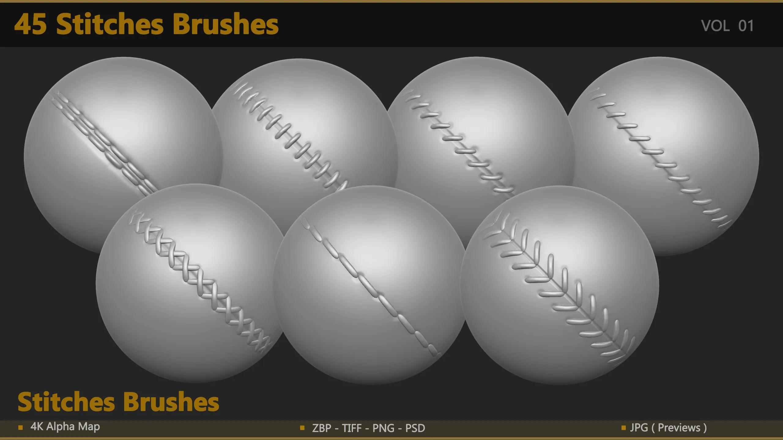 45 Seam & Stitch Brushes & Alpha (Tileable 4k-16bit)