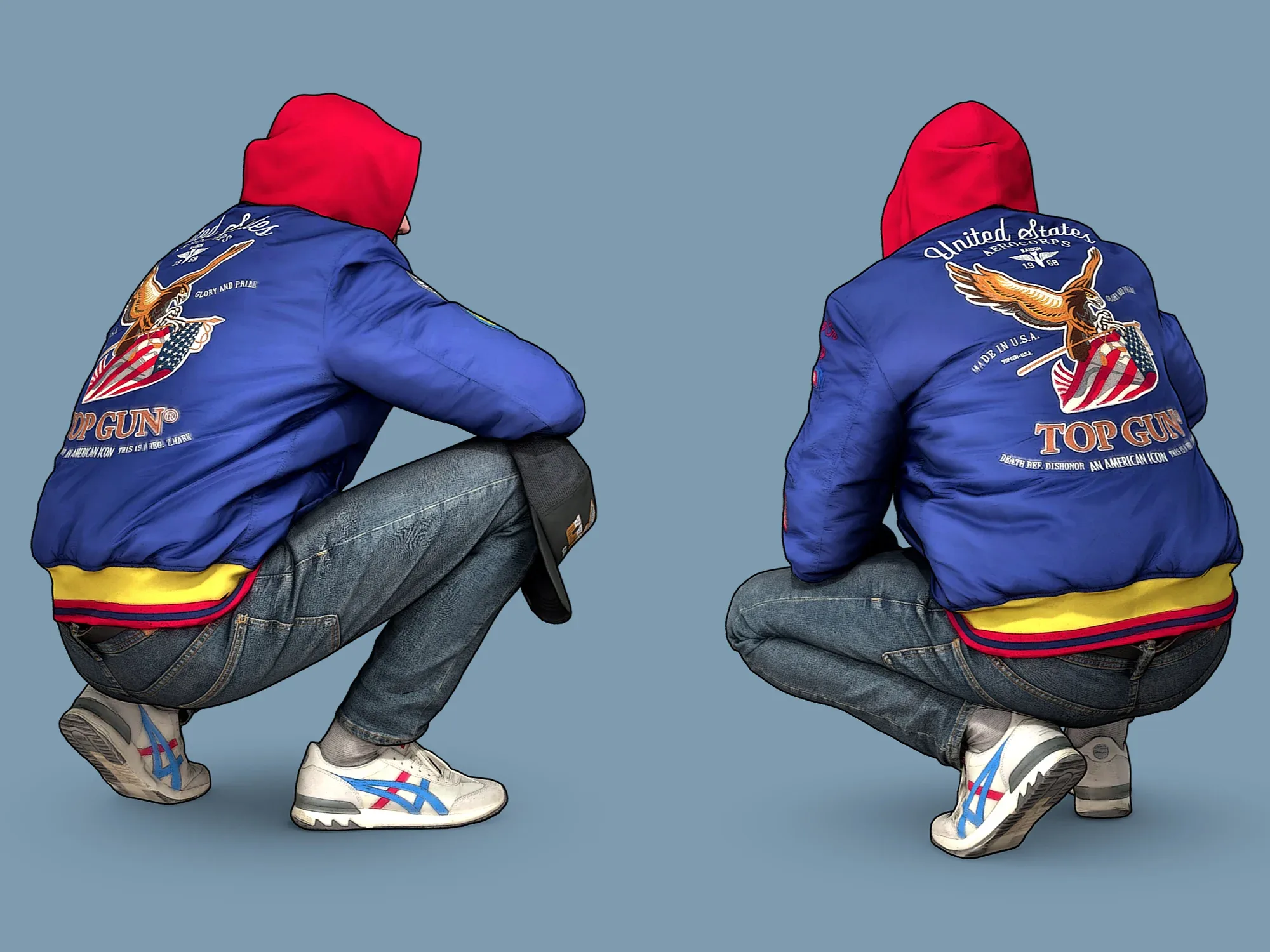 Cheeky Guy in a Blue Bomber Jacket Squatting