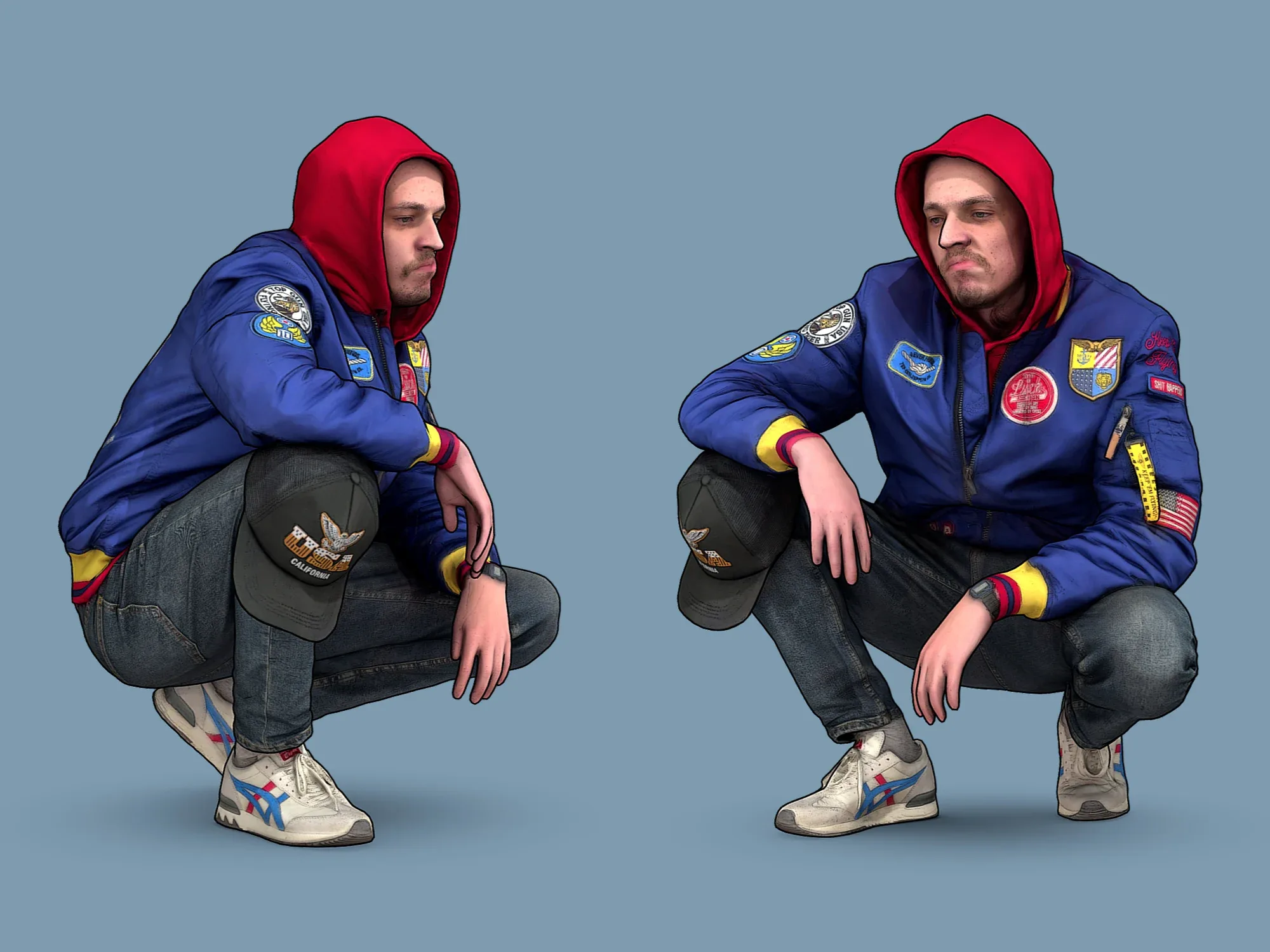 Cheeky Guy in a Blue Bomber Jacket Squatting