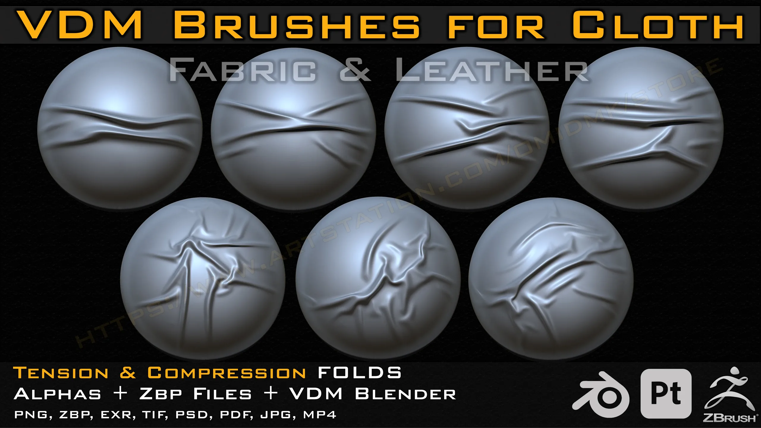 70 VDM Brushes Cloth Leather & Fabric Brushes _ 70 Alpha (4k) +Video Tutorial for Zbrush, Blender and Substance Painter- Vol 03