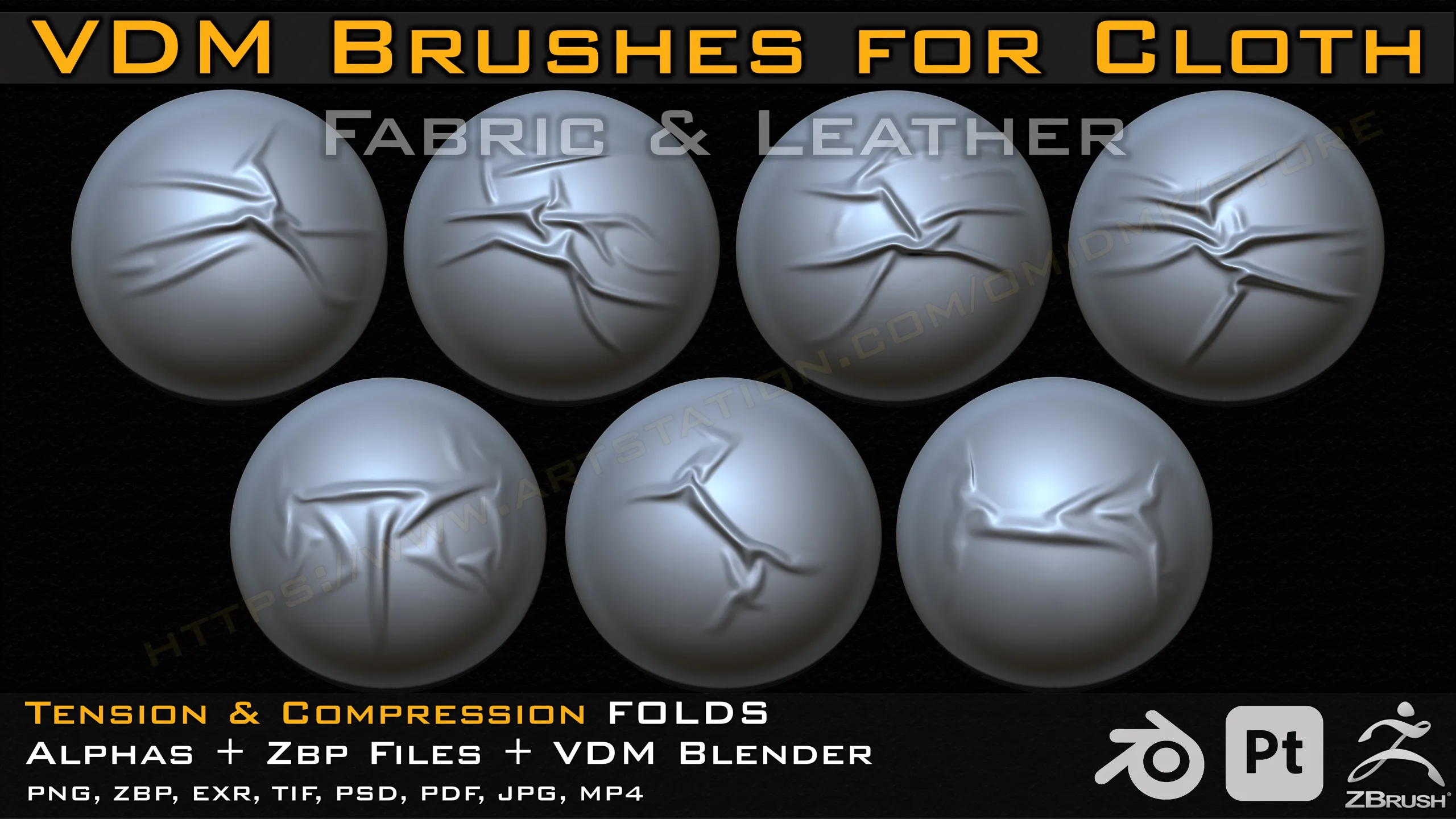 70 VDM Brushes Cloth Leather & Fabric Brushes _ 70 Alpha (4k) +Video Tutorial for Zbrush, Blender and Substance Painter- Vol 03