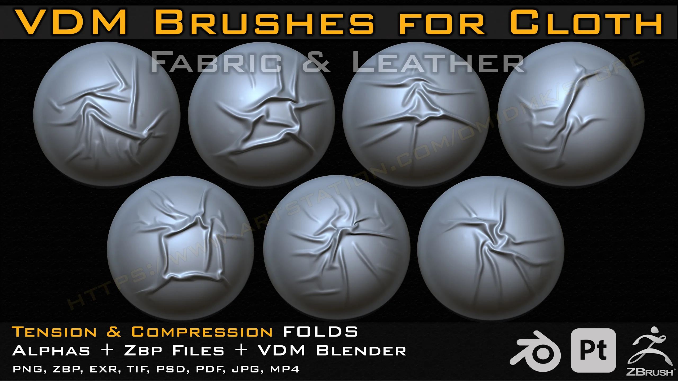 70 VDM Brushes Cloth Leather & Fabric Brushes _ 70 Alpha (4k) +Video Tutorial for Zbrush, Blender and Substance Painter- Vol 03