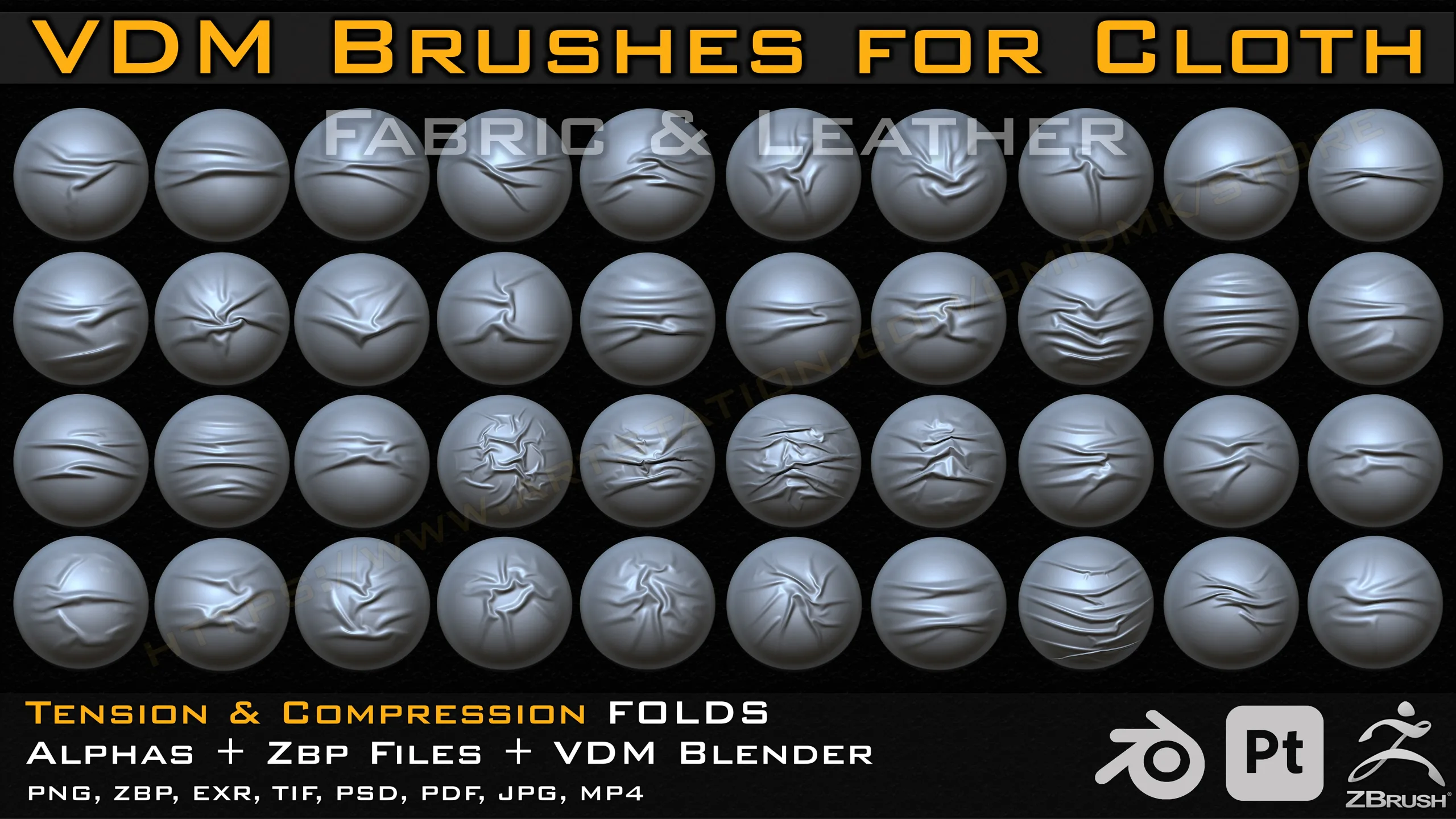 70 VDM Brushes Cloth Leather & Fabric Brushes _ 70 Alpha (4k) +Video Tutorial for Zbrush, Blender and Substance Painter- Vol 03