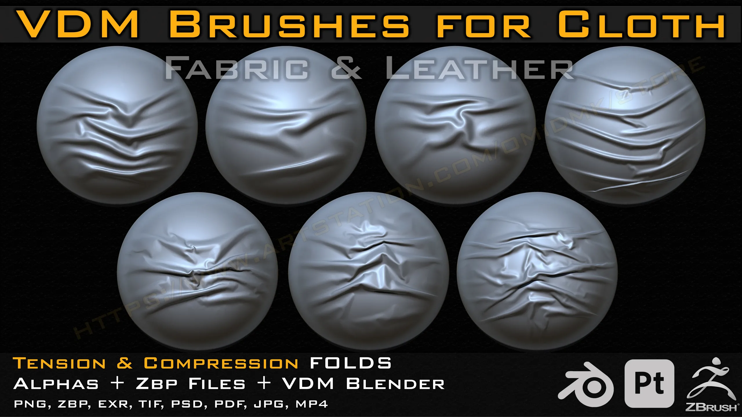 70 VDM Brushes Cloth Leather & Fabric Brushes _ 70 Alpha (4k) +Video Tutorial for Zbrush, Blender and Substance Painter- Vol 03