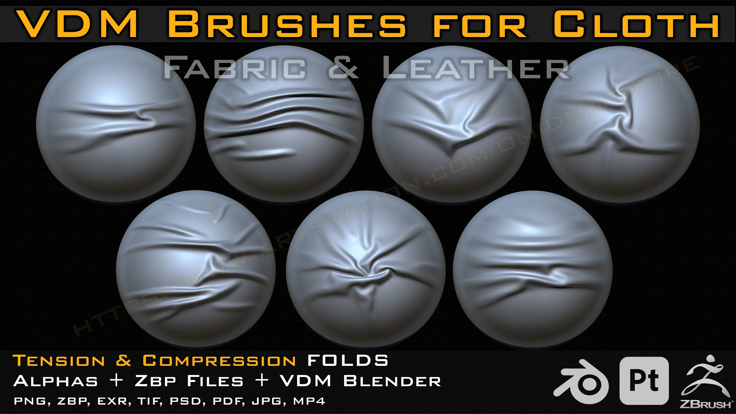 70 VDM Brushes Cloth Leather & Fabric Brushes _ 70 Alpha (4k) +Video Tutorial for Zbrush, Blender and Substance Painter- Vol 03