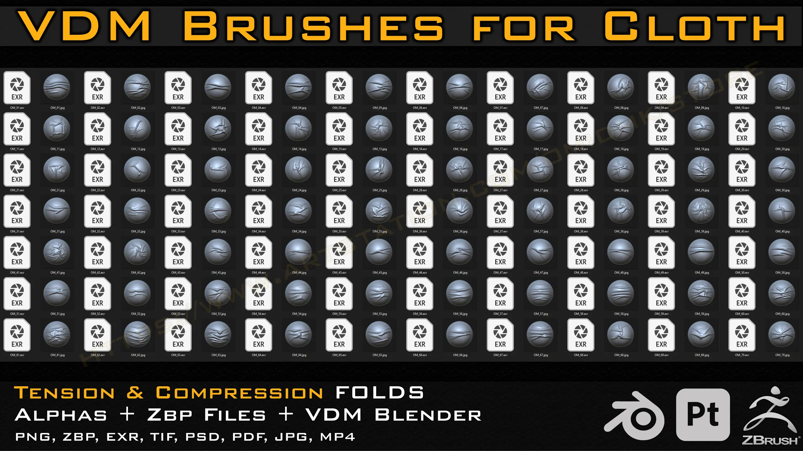 70 VDM Brushes Cloth Leather & Fabric Brushes _ 70 Alpha (4k) +Video Tutorial for Zbrush, Blender and Substance Painter- Vol 03