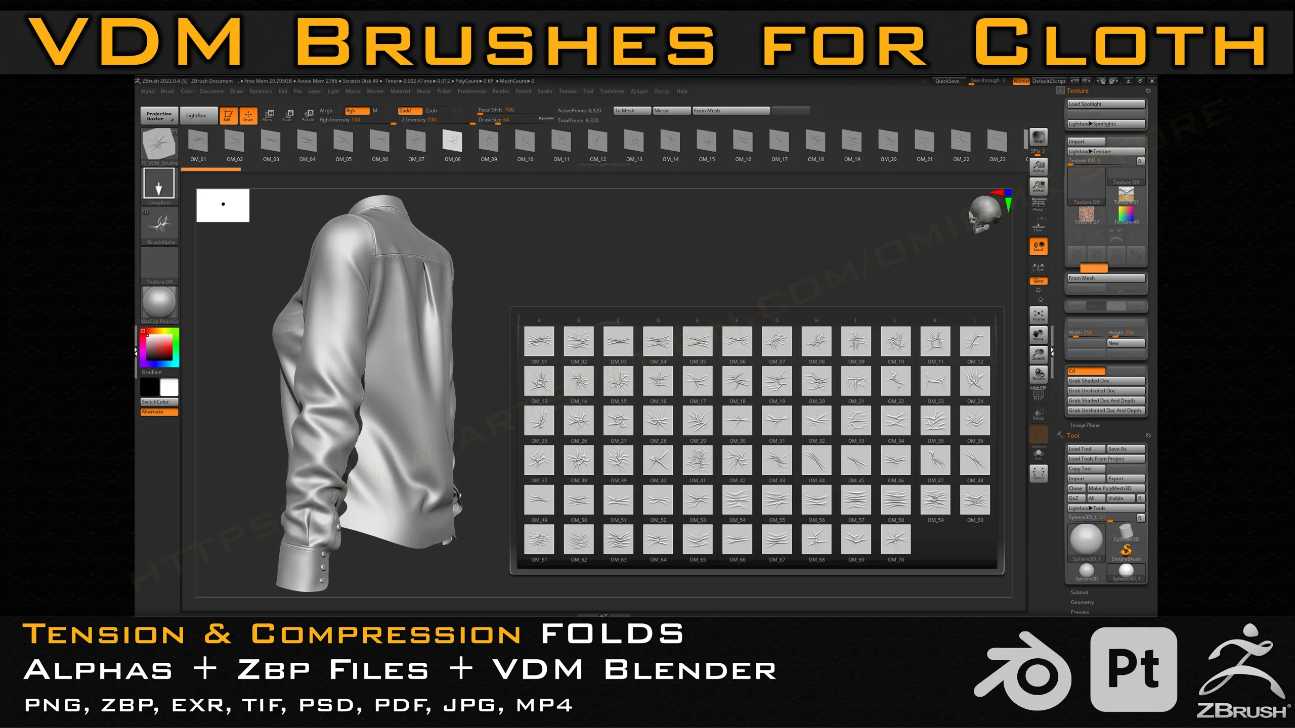 70 VDM Brushes Cloth Leather & Fabric Brushes _ 70 Alpha (4k) +Video Tutorial for Zbrush, Blender and Substance Painter- Vol 03