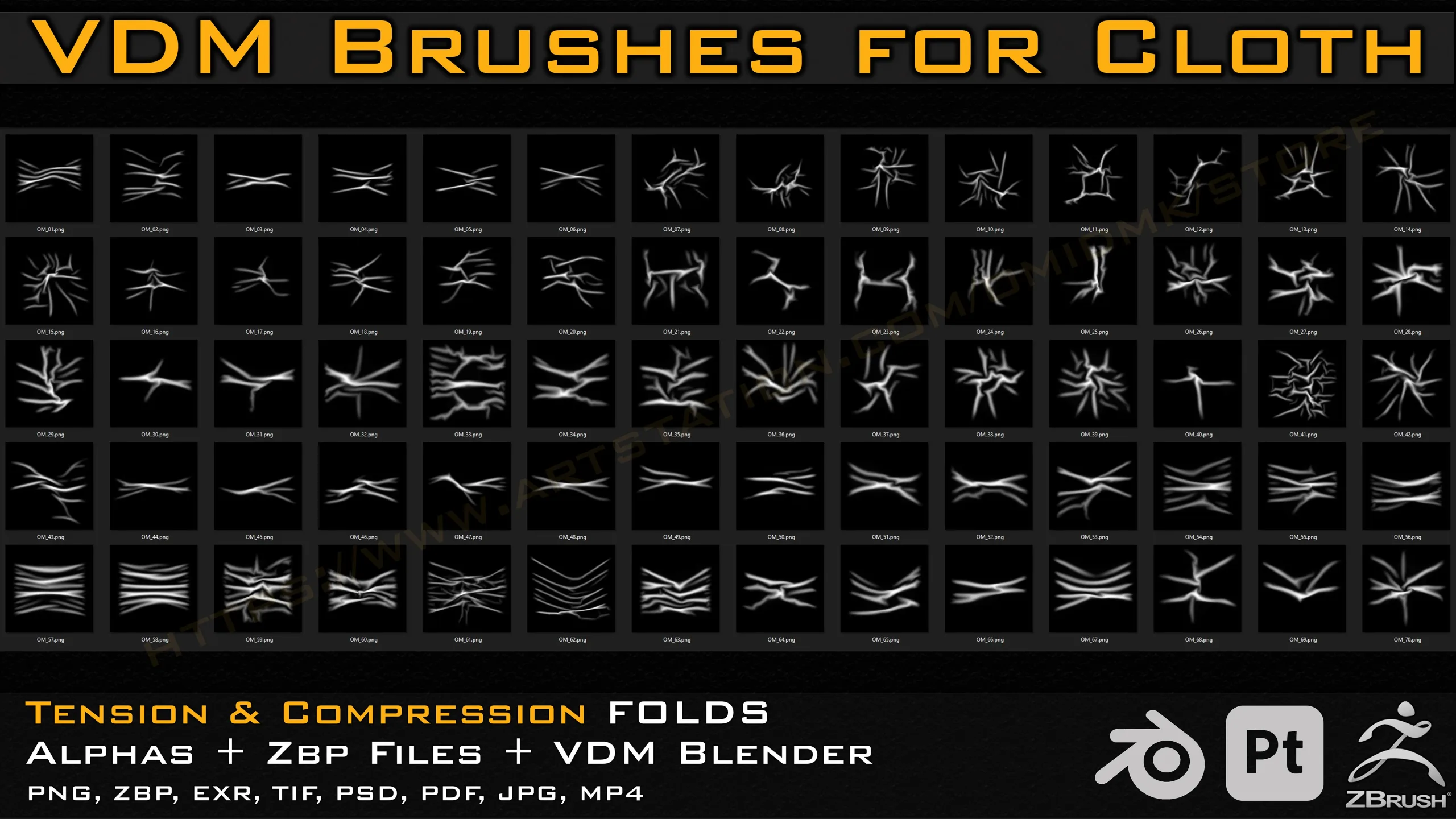 70 VDM Brushes Cloth Leather & Fabric Brushes _ 70 Alpha (4k) +Video Tutorial for Zbrush, Blender and Substance Painter- Vol 03