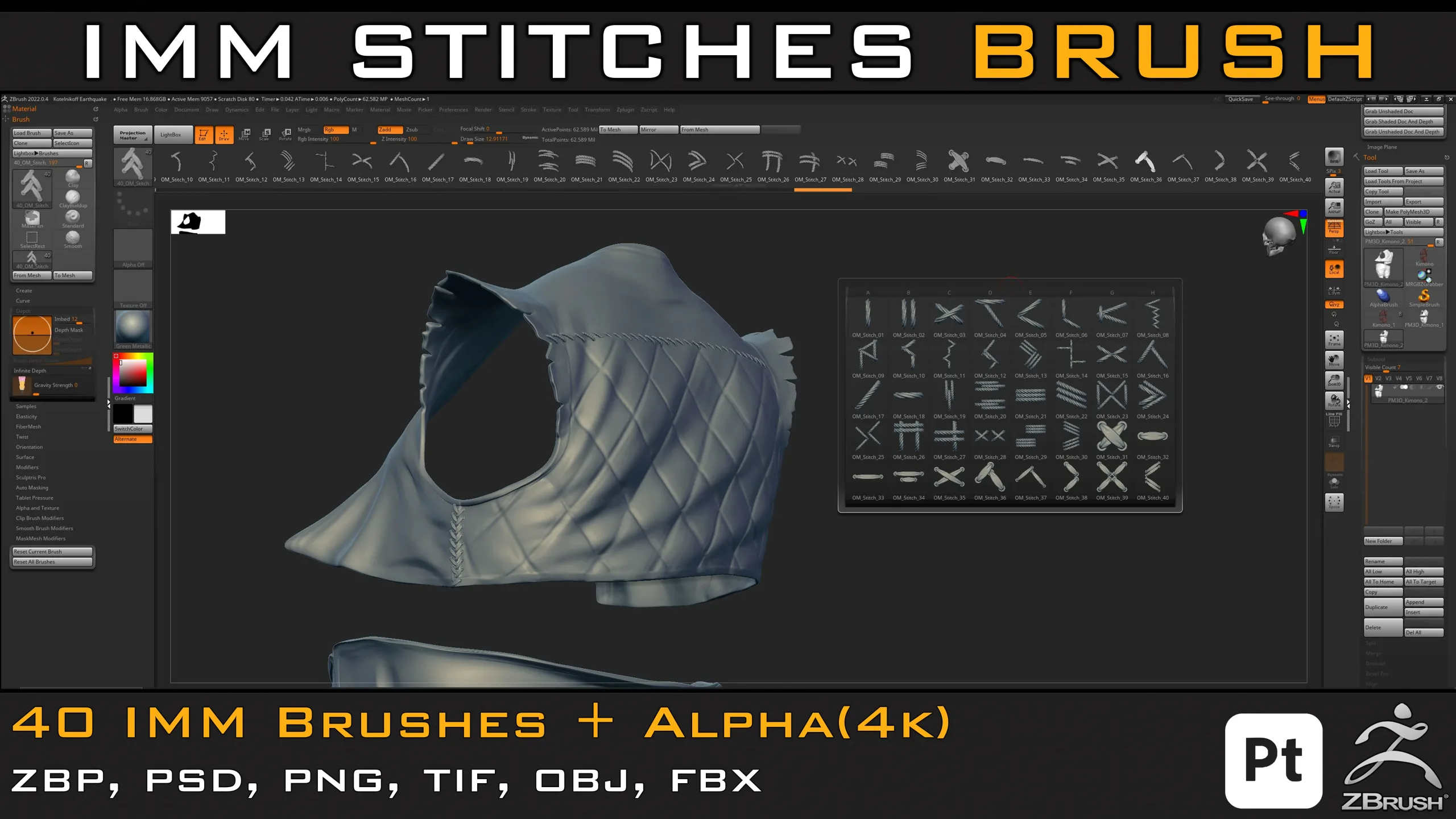 40 IMM Stitches, Sewing Brush for Zbrush and Substance Painter( with Alpha_4k )+ obj & fbx