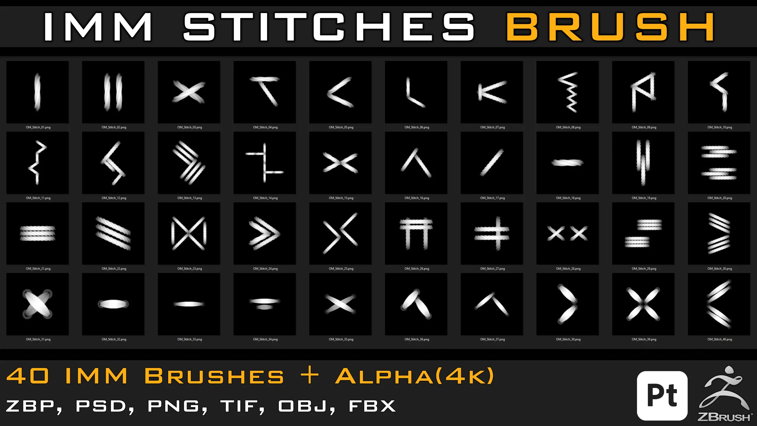 40 IMM Stitches, Sewing Brush for Zbrush and Substance Painter( with Alpha_4k )+ obj & fbx