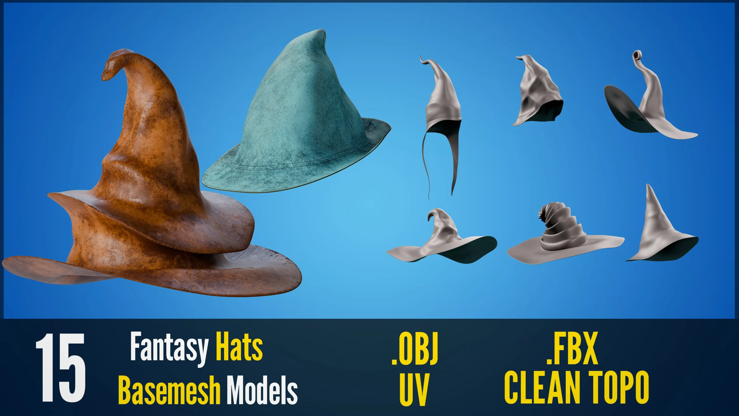 15 Fantasy/Wizard/Mage Hats - Basemesh Models + Bonus