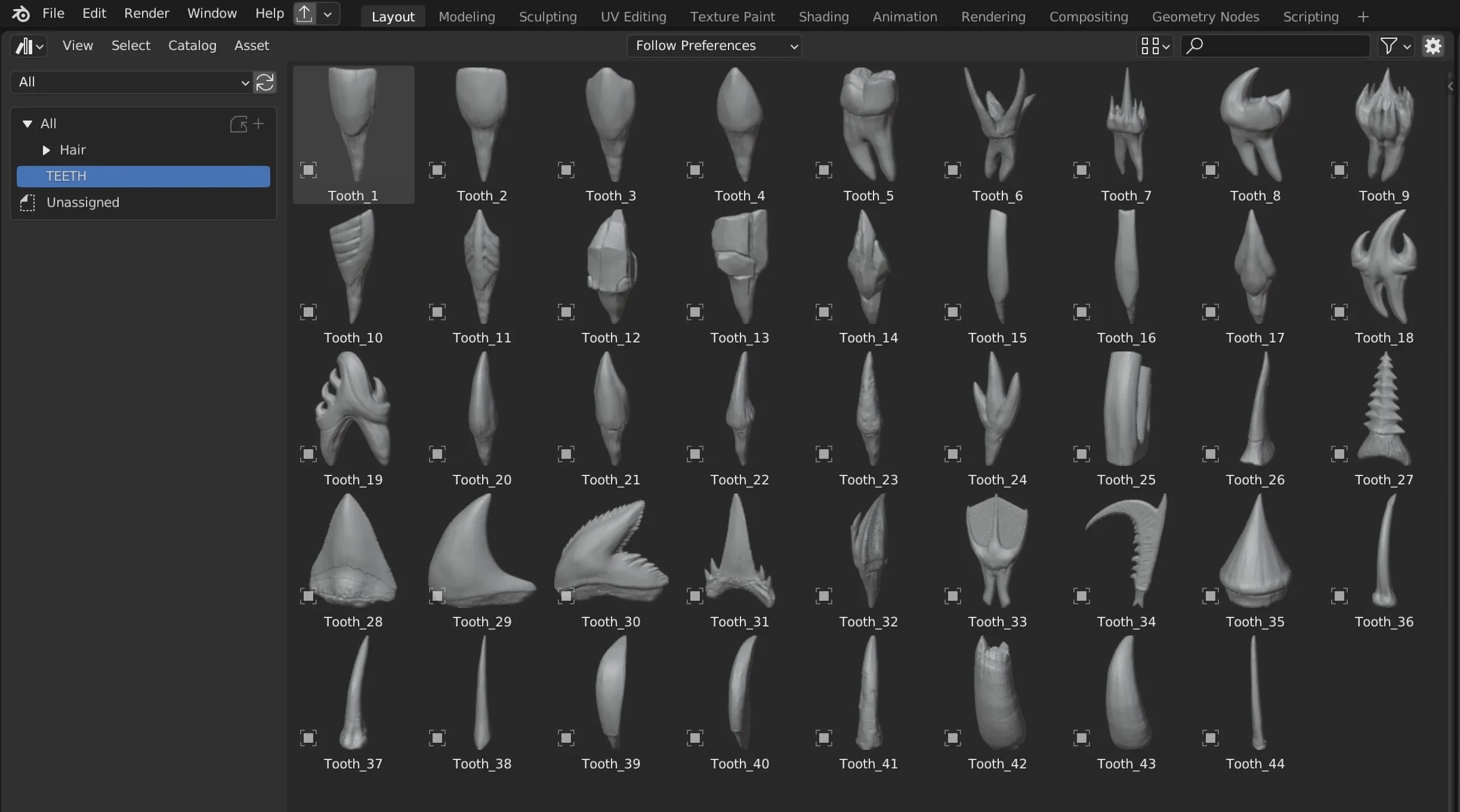 44 TEETH - High Detailed Teeth For Creatures - IMM Zbursh, Blender