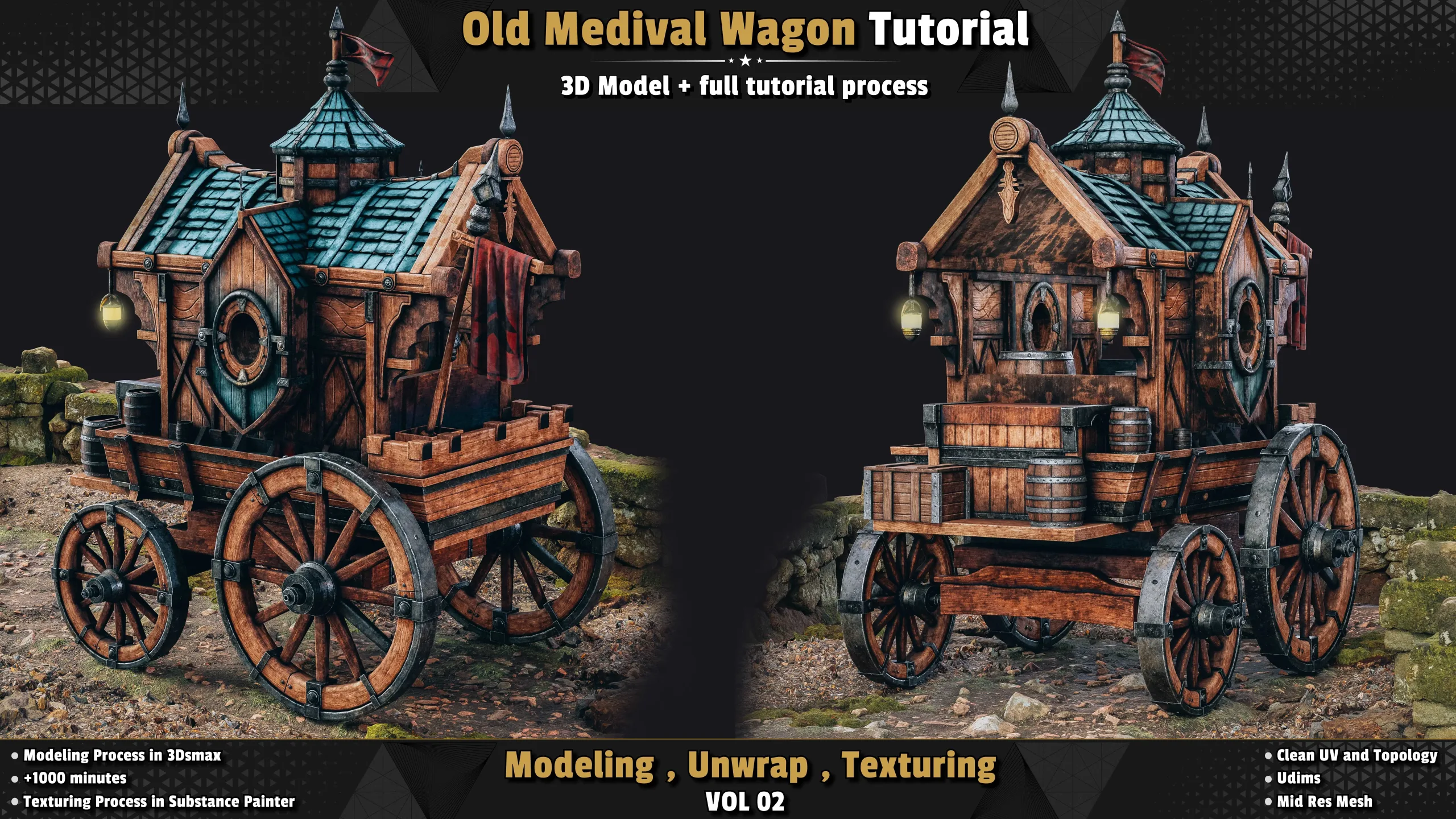 Old Medival Wagon / 3D Model + Full Tutorial Process