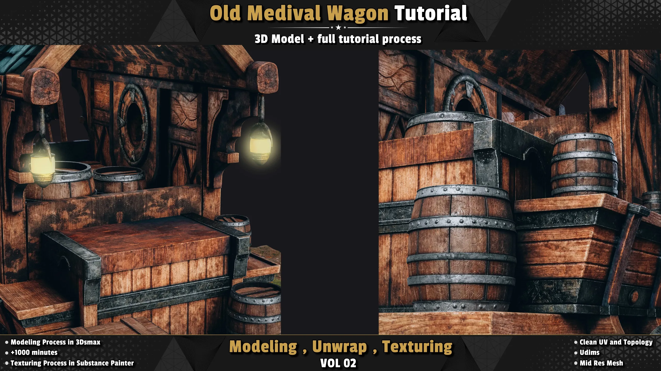 Old Medival Wagon / 3D Model + Full Tutorial Process