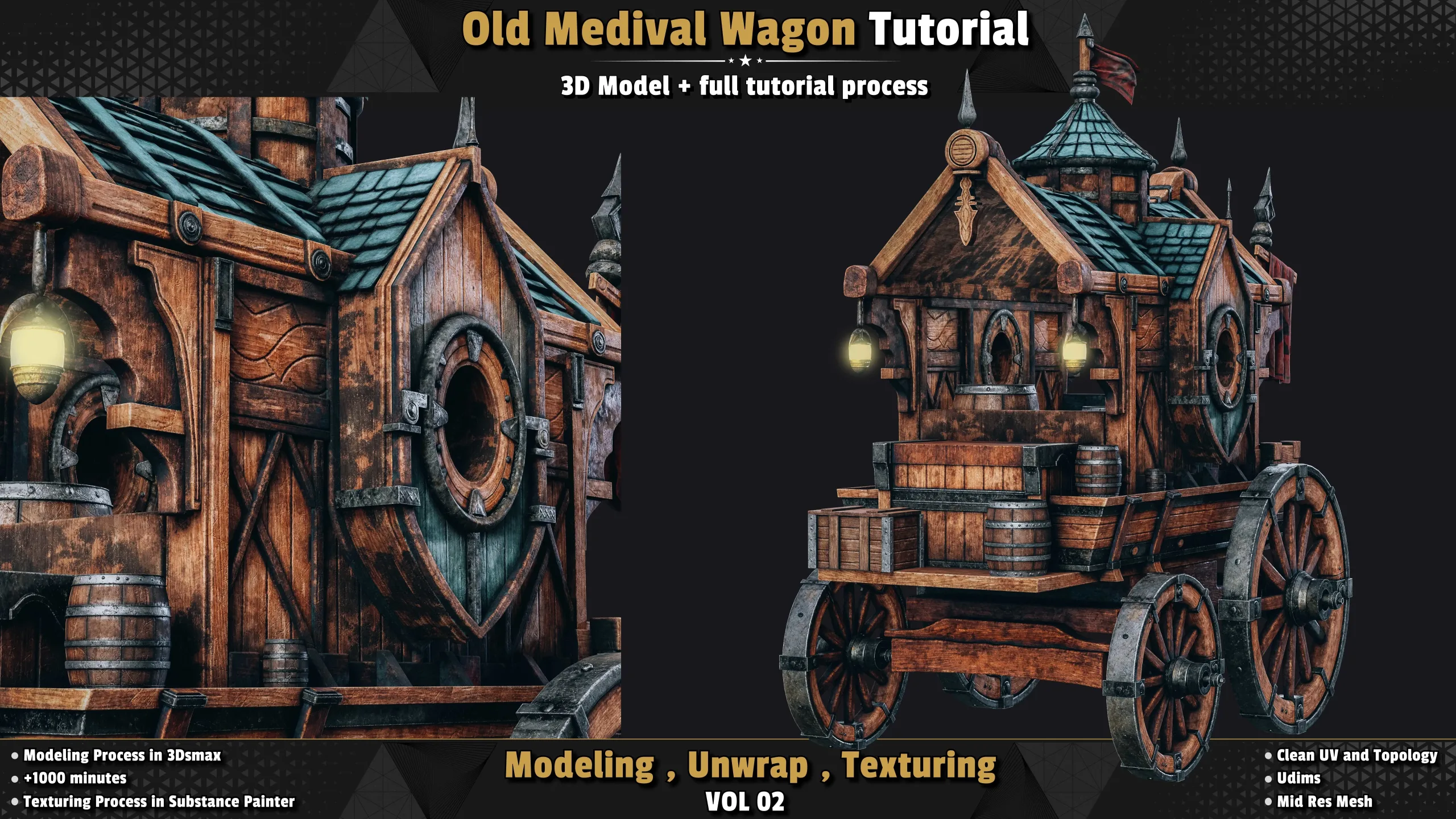 Old Medival Wagon / 3D Model + Full Tutorial Process