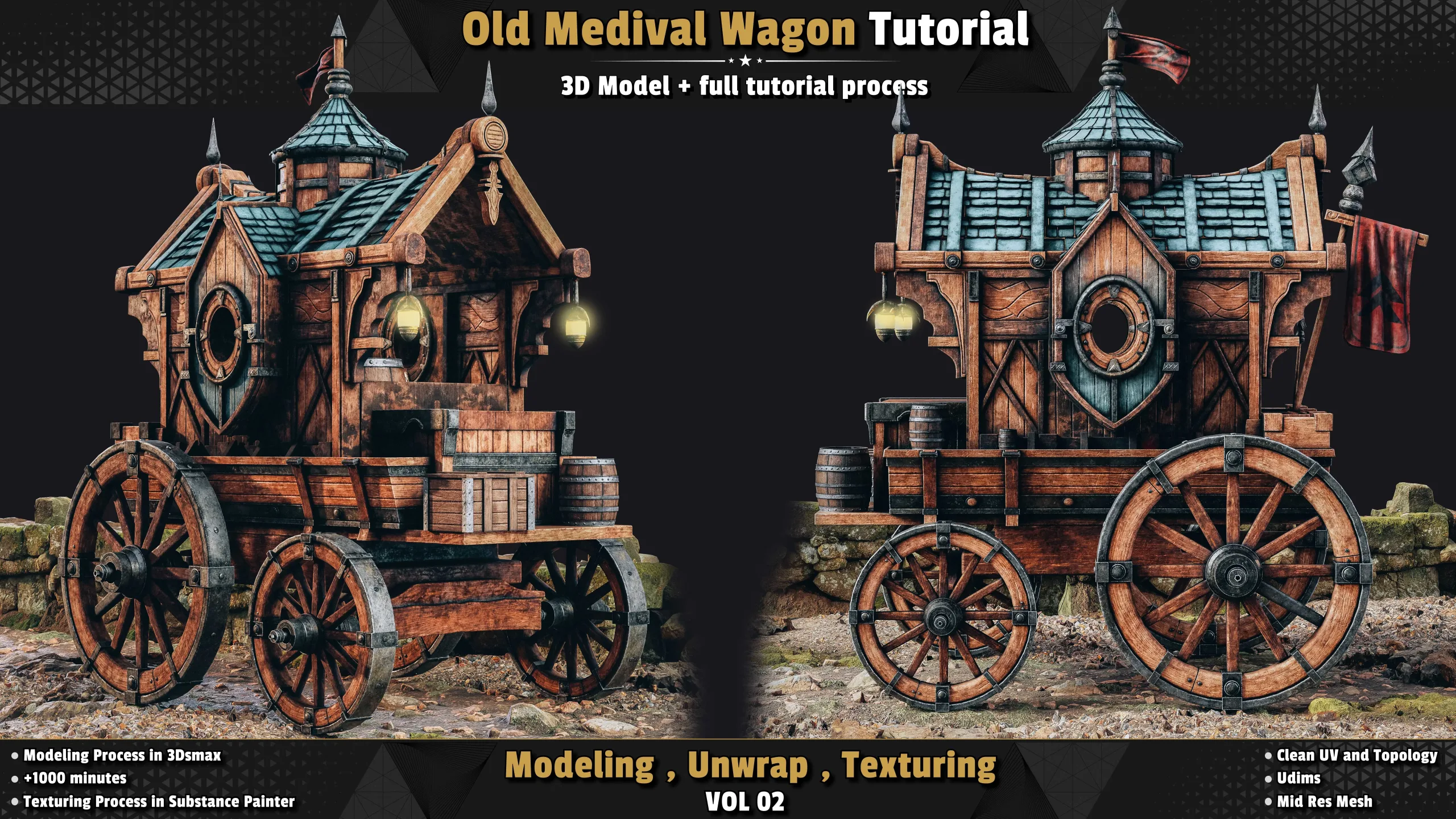 Old Medival Wagon / 3D Model + Full Tutorial Process