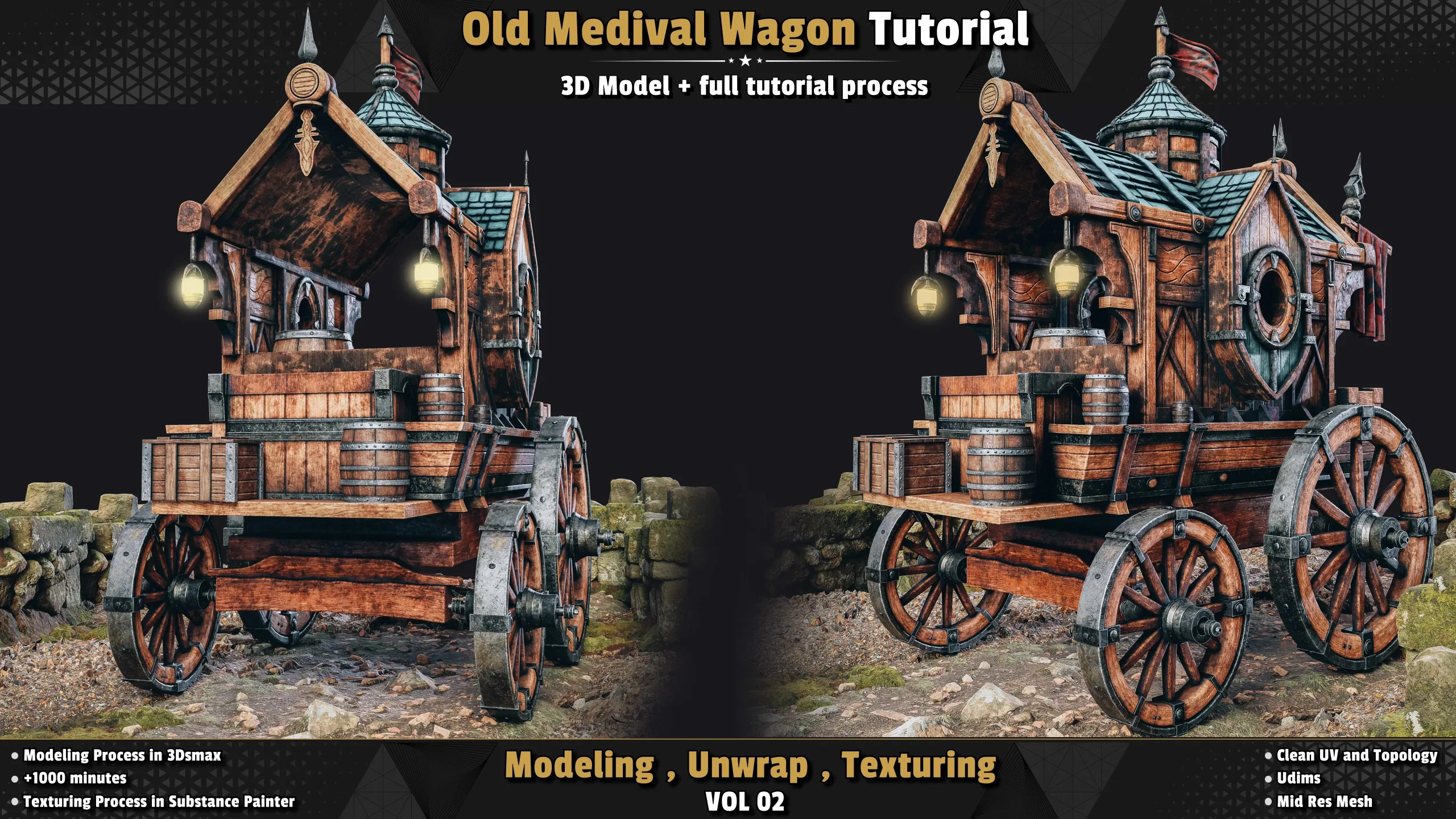 Old Medival Wagon / 3D Model + Full Tutorial Process