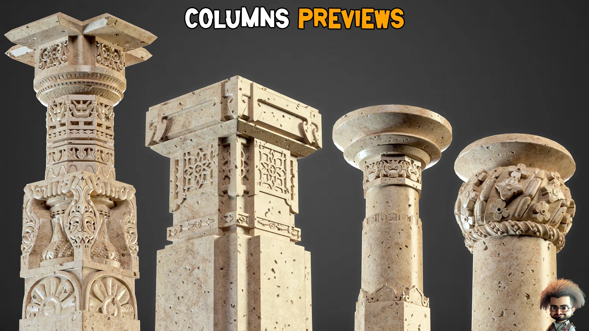 15 Gothic Columns 3D Model + 30 Ornaments Brush - Vol 22