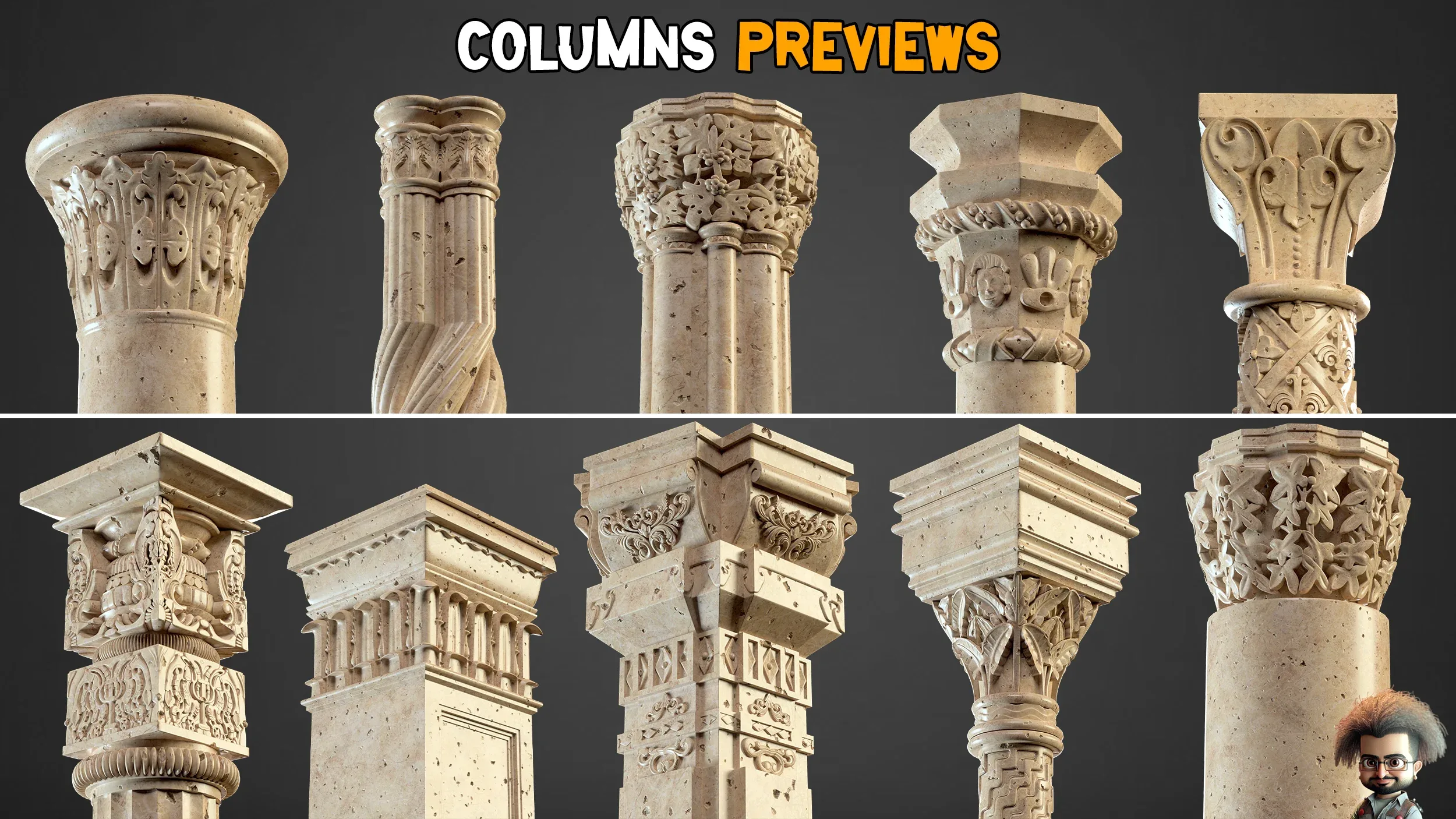 15 Gothic Columns 3D Model + 30 Ornaments Brush - Vol 22