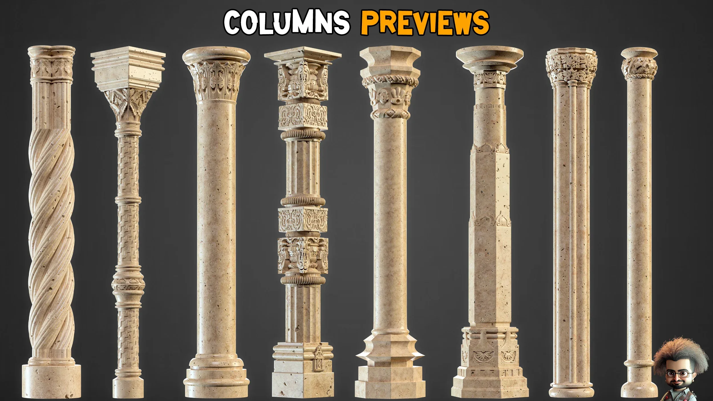 15 Gothic Columns 3D Model + 30 Ornaments Brush - Vol 22