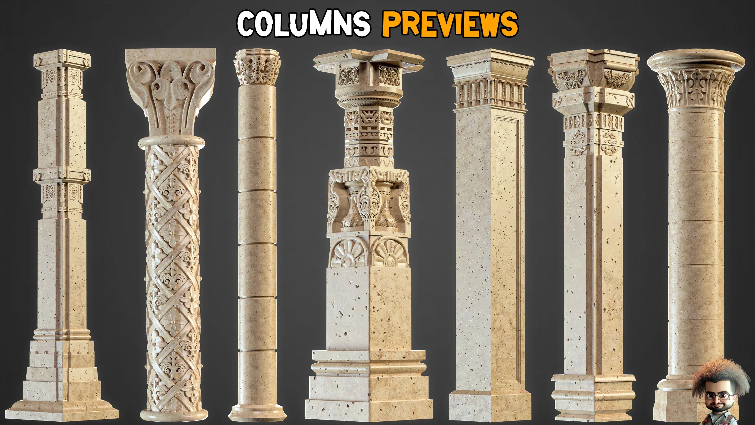 15 Gothic Columns 3D Model + 30 Ornaments Brush - Vol 22