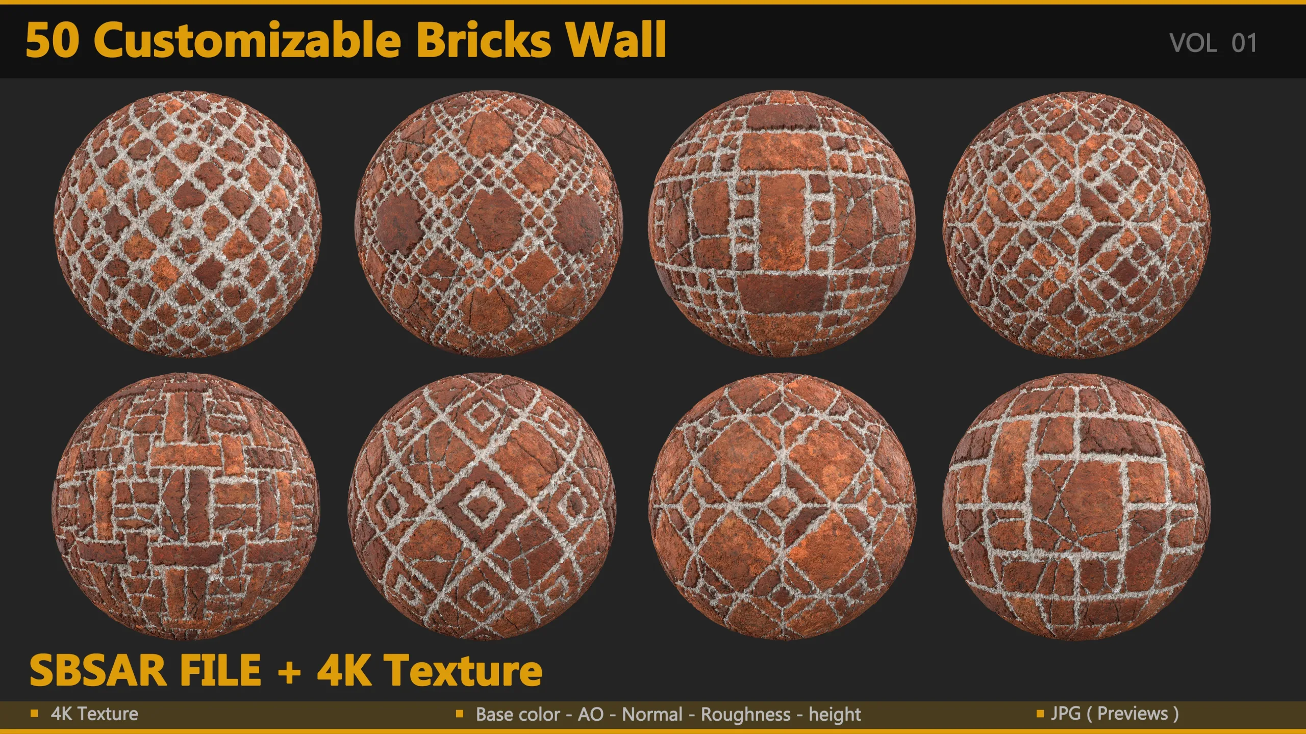 50 Customizable Bricks Wall Material - Substance Designer - SBSAR