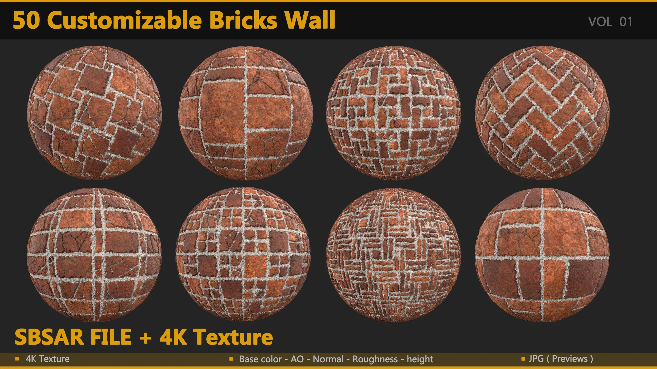 50 Customizable Bricks Wall Material - Substance Designer - SBSAR