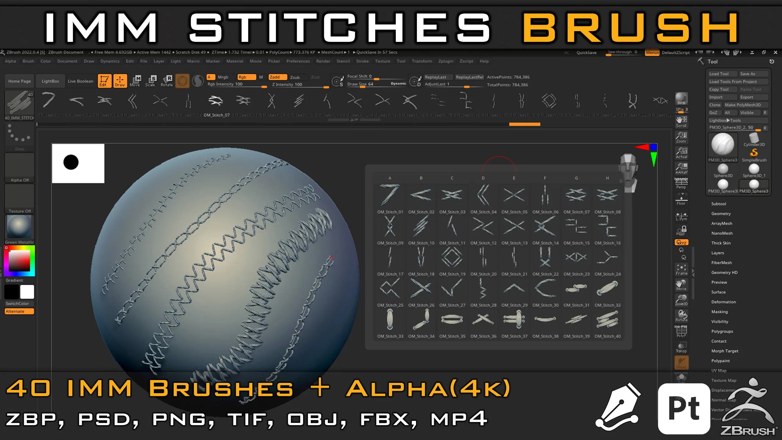 40 IMM Stitches, Sewing Brush for Zbrush and Substance Painter( with Alpha_4k )+ 3D Models ( obj & fbx ) + Video Tutorial_V-02