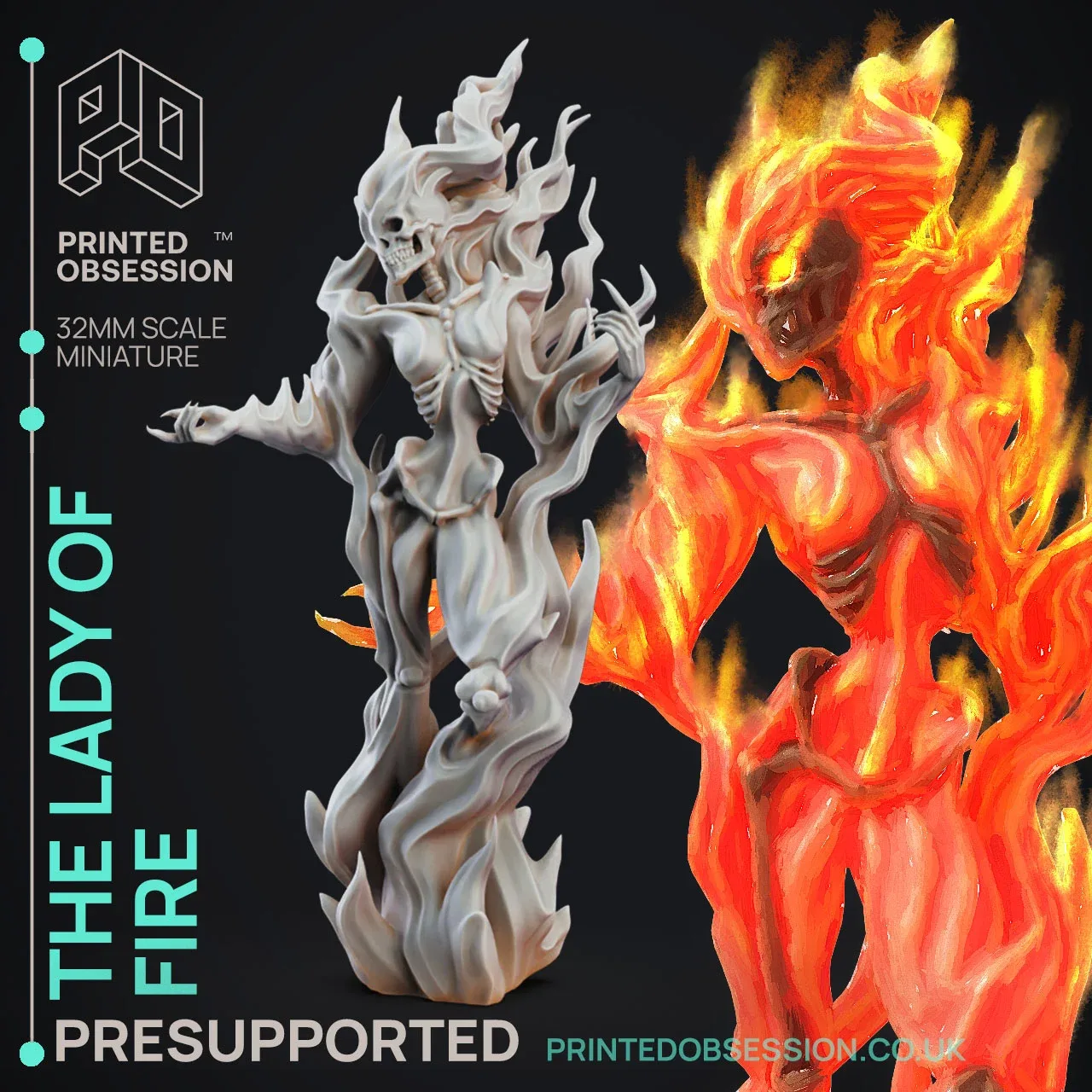 Lady of Fire - Elemental - 3D printable TTRPG Miniature - 32mm scale