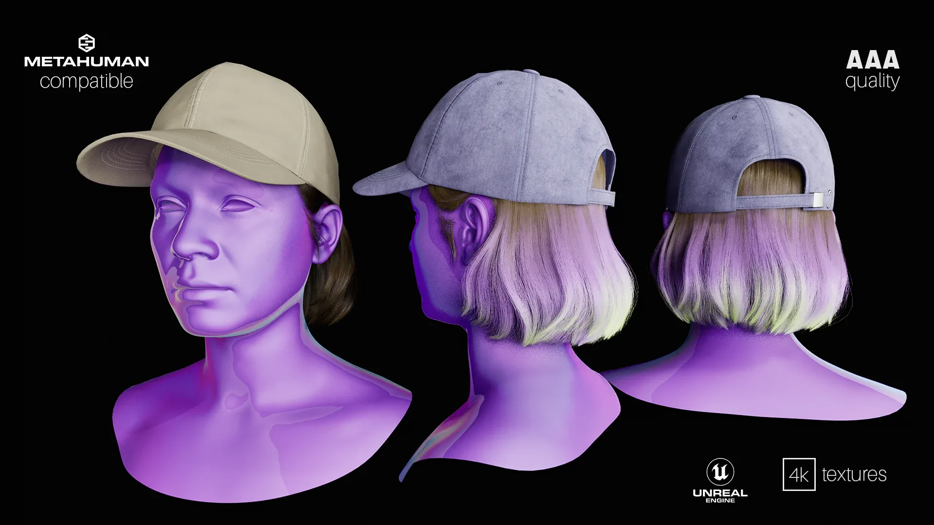 Dad Hat with Bob Hair for Metahuman "GIL", FBX/Alembic, UnrealEngine5 Project