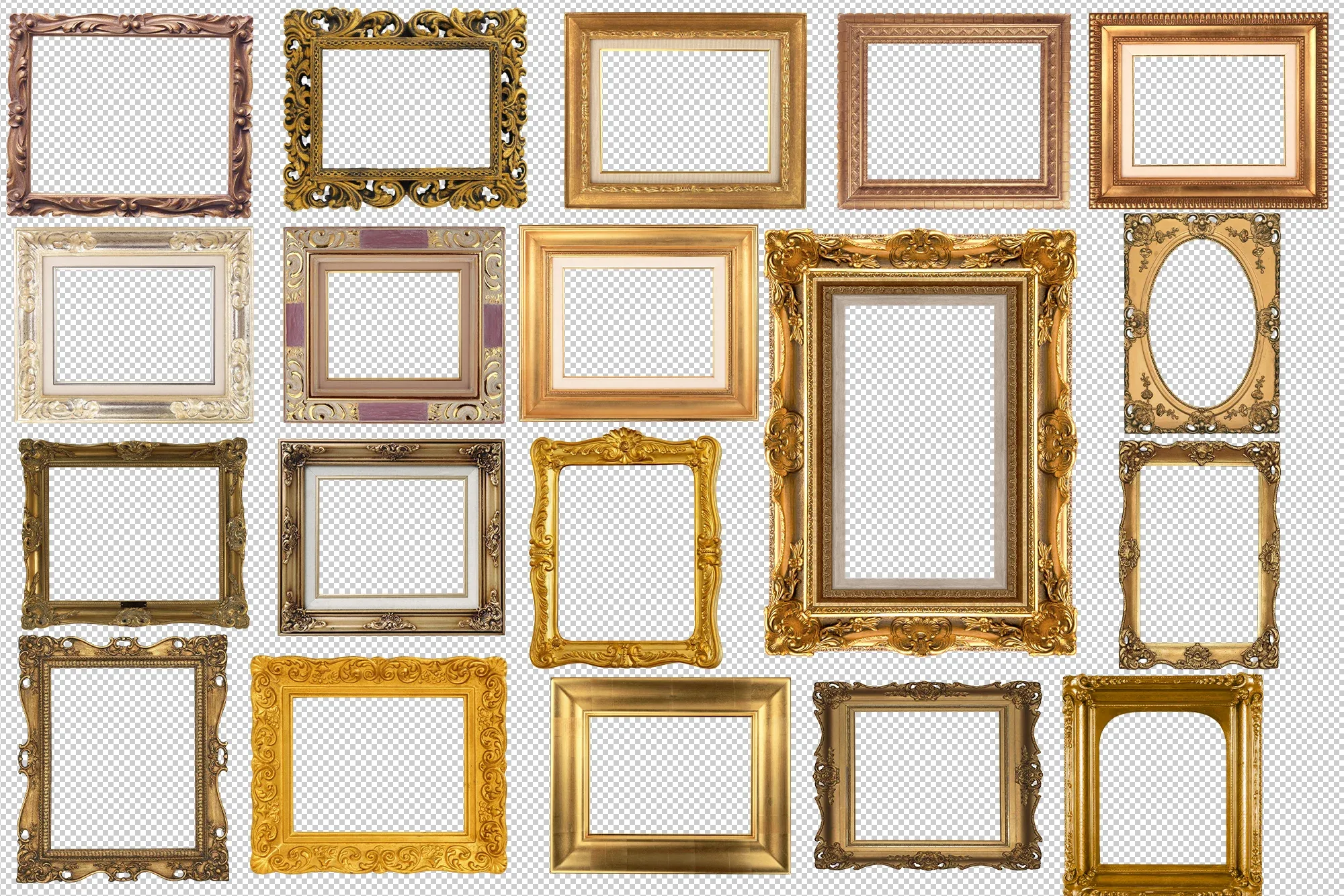 60 Golden Frames Clipart, Gold Frame, PNG Metallic Ornamental, Border Frame, Ornate Vintage Old Frame, Art Deco Photography, Antique Empty