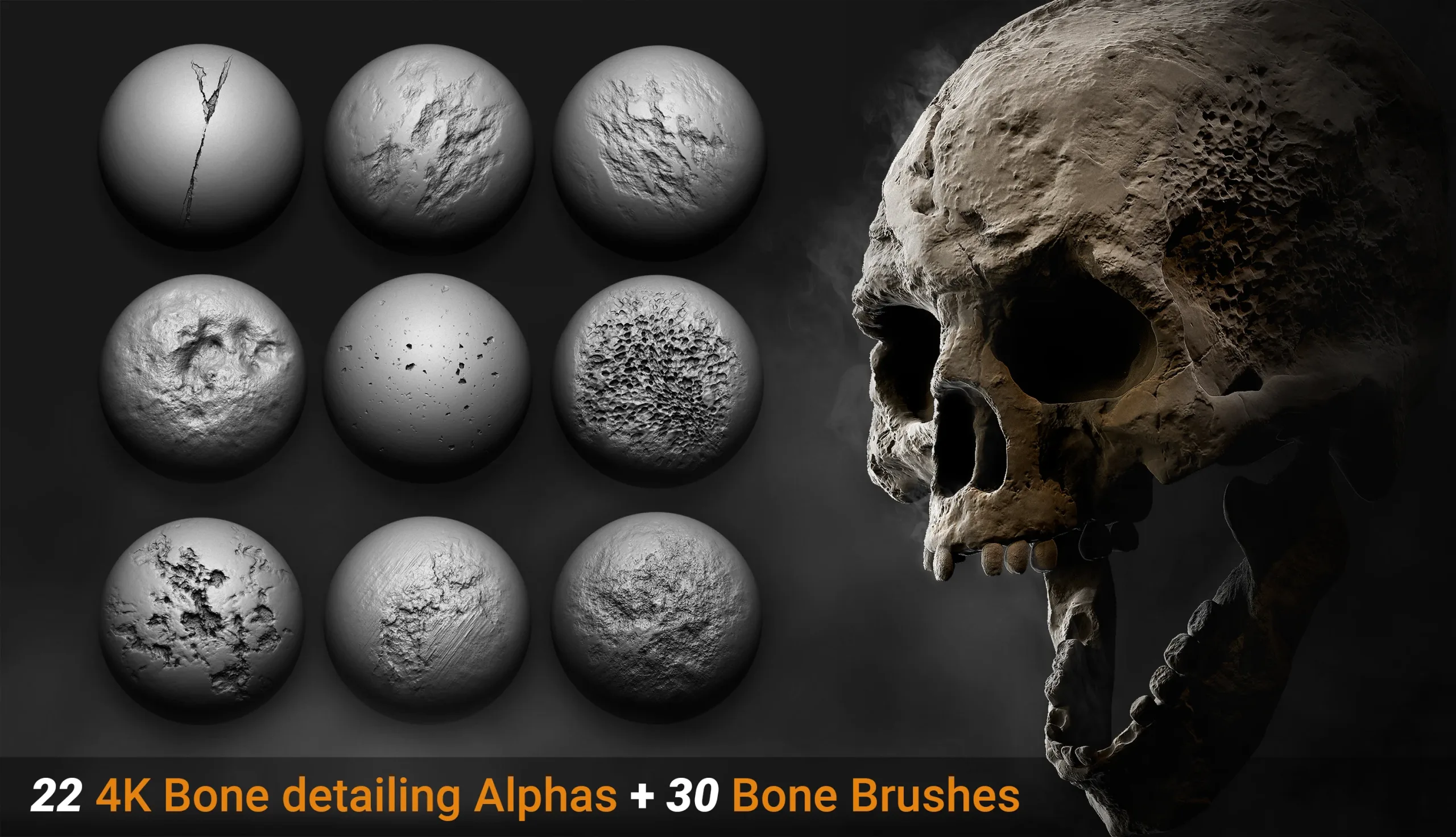 Zbrush + Blender | 30 Bone detailing Brushes + Alphas