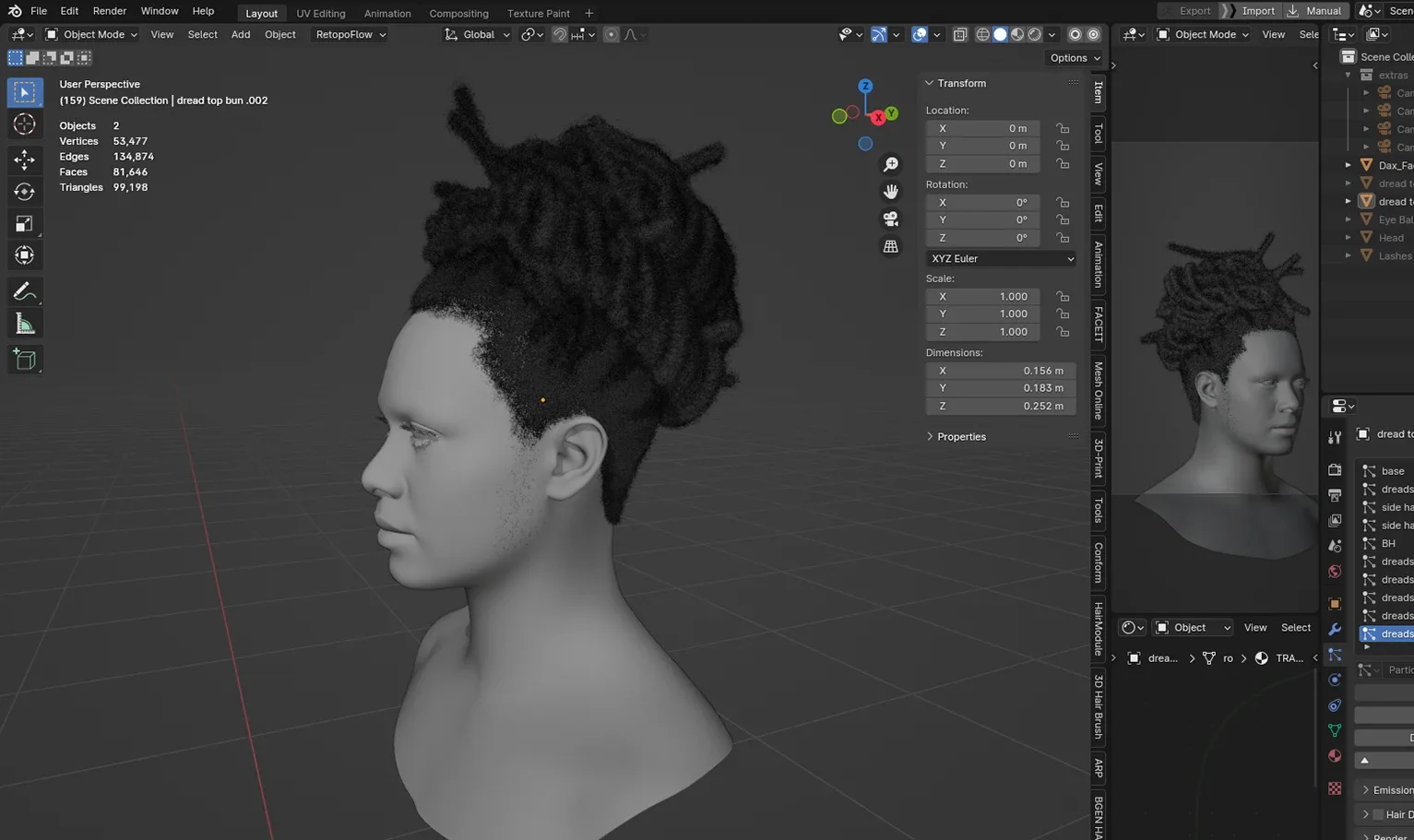 Hairstyle - Dreads 002 (Hair for blender/ unreal engine / metahuman) Afro hair | Kinky hair | 4c Hair | African / African American Hair