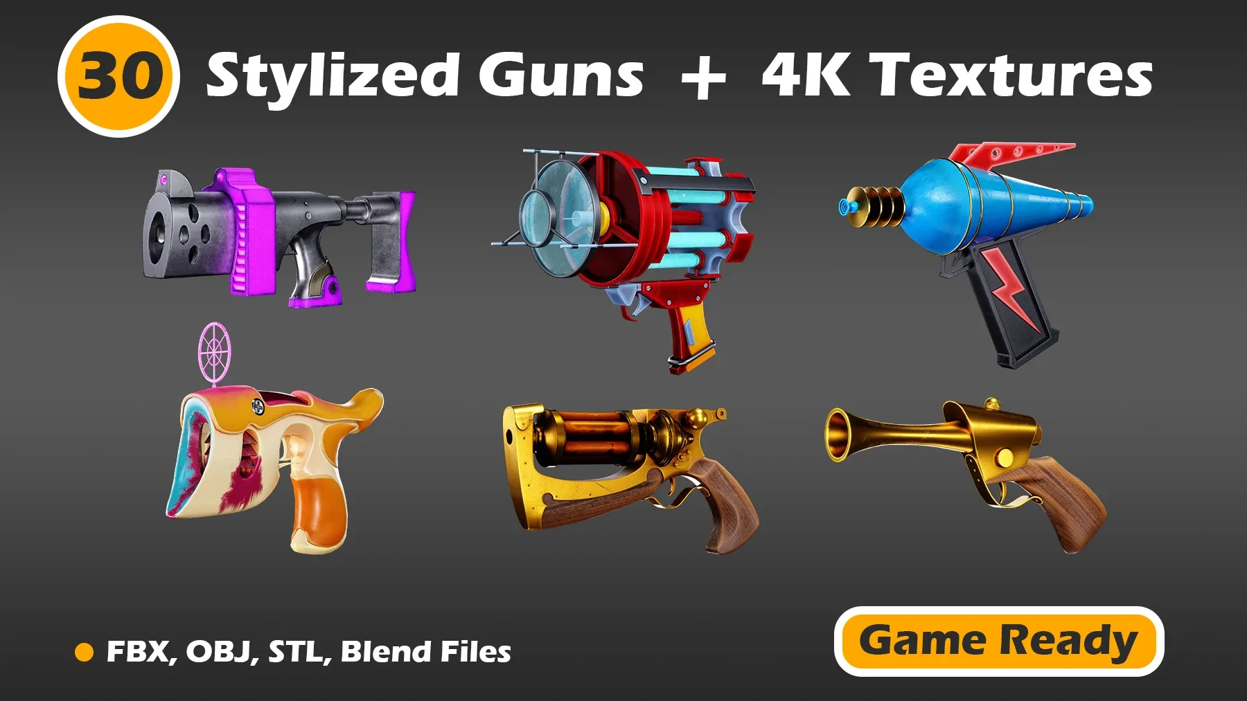 30 Stylized Guns + 4K Textures (Game Ready)