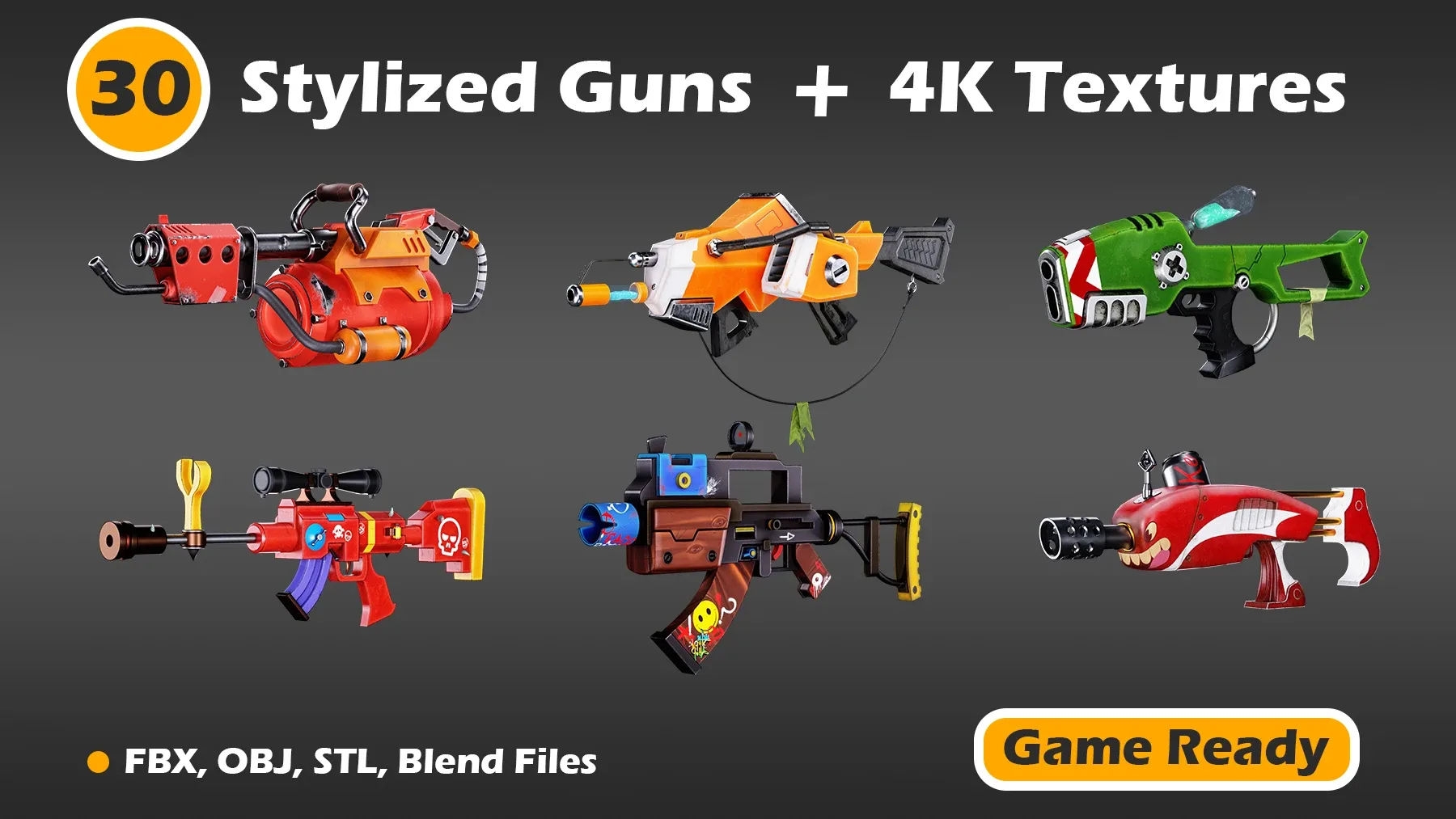 30 Stylized Guns + 4K Textures (Game Ready)