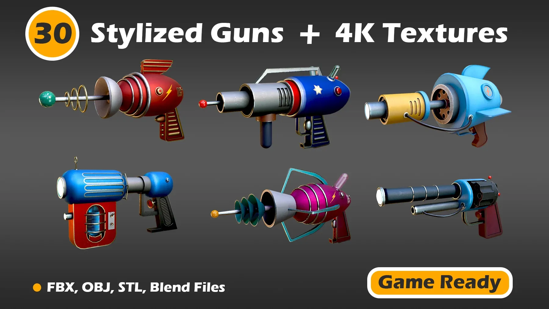 30 Stylized Guns + 4K Textures (Game Ready)