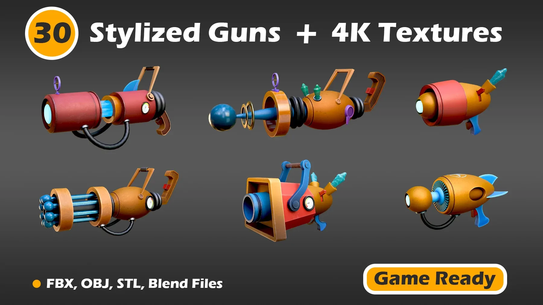 30 Stylized Guns + 4K Textures (Game Ready)