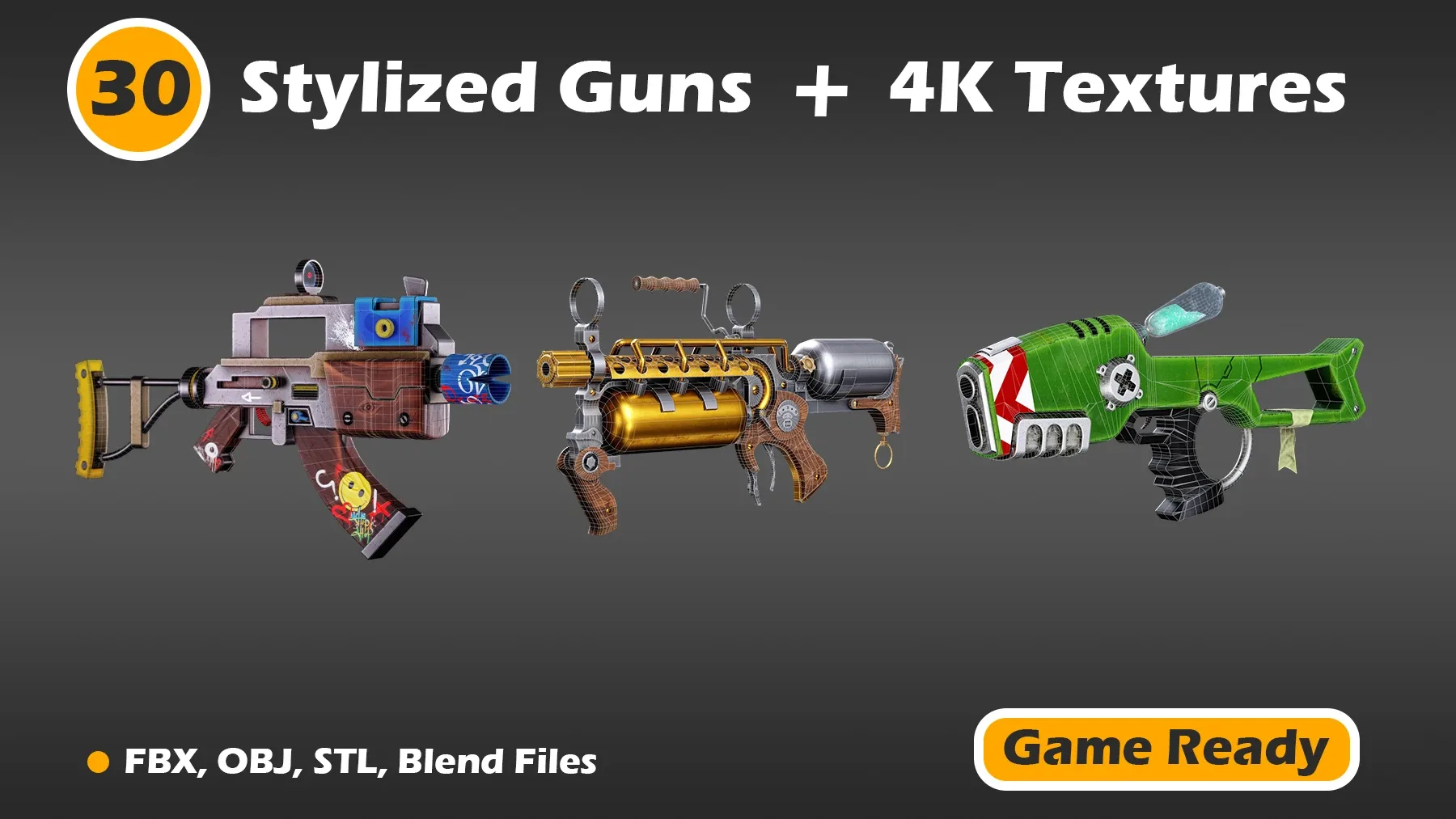 30 Stylized Guns + 4K Textures (Game Ready)