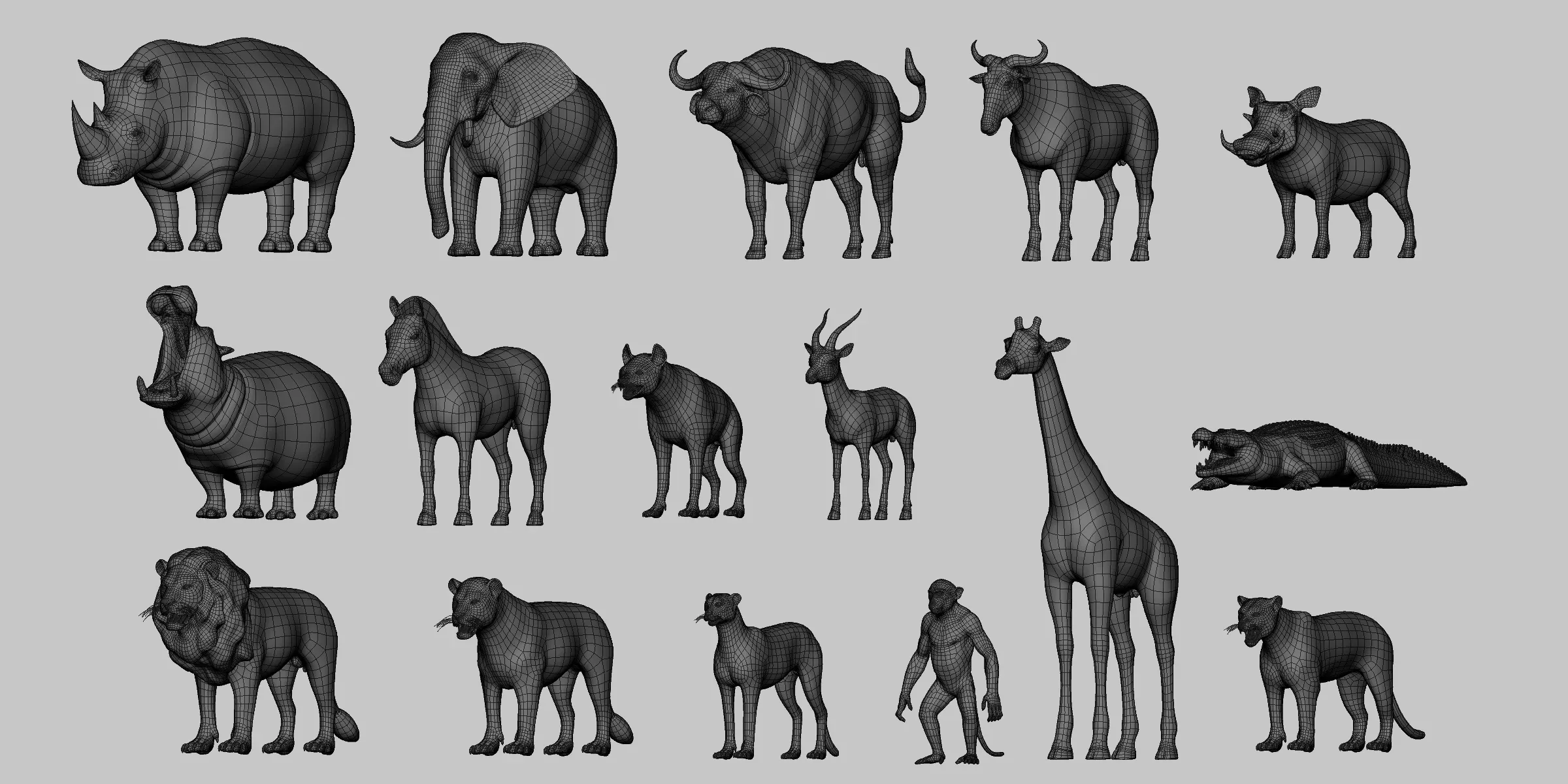 Animals Basemesh ( Rhino, Giraffe, Elephant, Buffalo, Hippopotamus, Wildebeest, Zebra, Male & Female Lion, Cheetah, Leopard, Hyena, Gazelle, Warthog, Monkey, Crocodile)