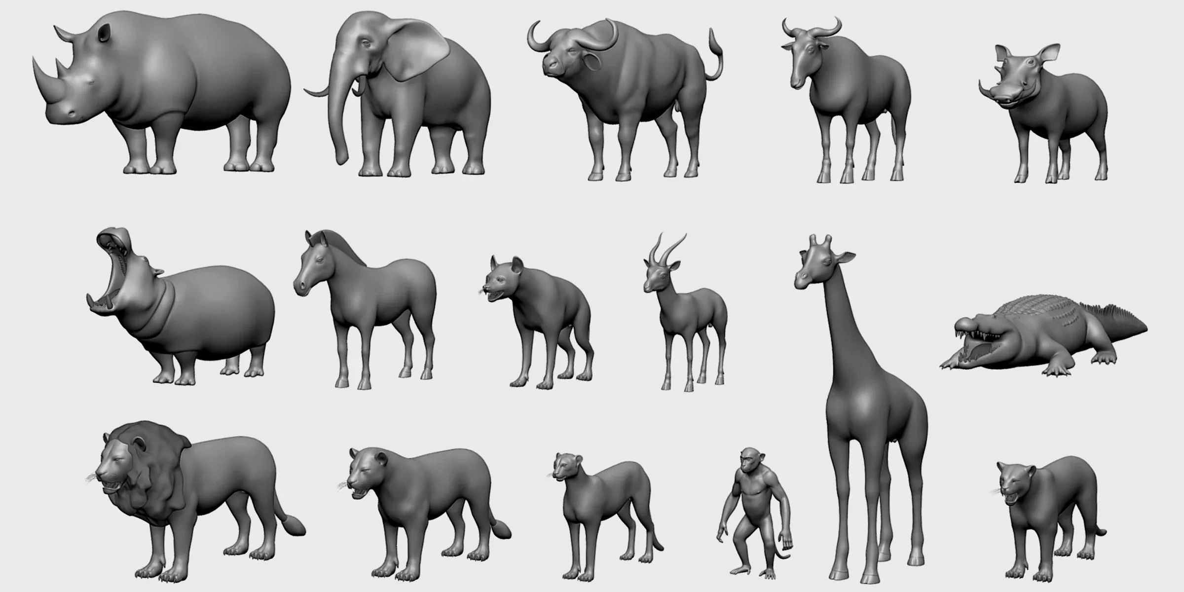 Animals Basemesh ( Rhino, Giraffe, Elephant, Buffalo, Hippopotamus, Wildebeest, Zebra, Male & Female Lion, Cheetah, Leopard, Hyena, Gazelle, Warthog, Monkey, Crocodile)