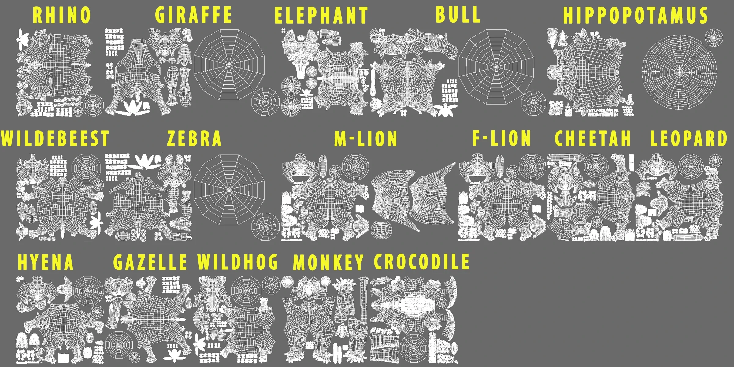 Animals Basemesh ( Rhino, Giraffe, Elephant, Buffalo, Hippopotamus, Wildebeest, Zebra, Male & Female Lion, Cheetah, Leopard, Hyena, Gazelle, Warthog, Monkey, Crocodile)