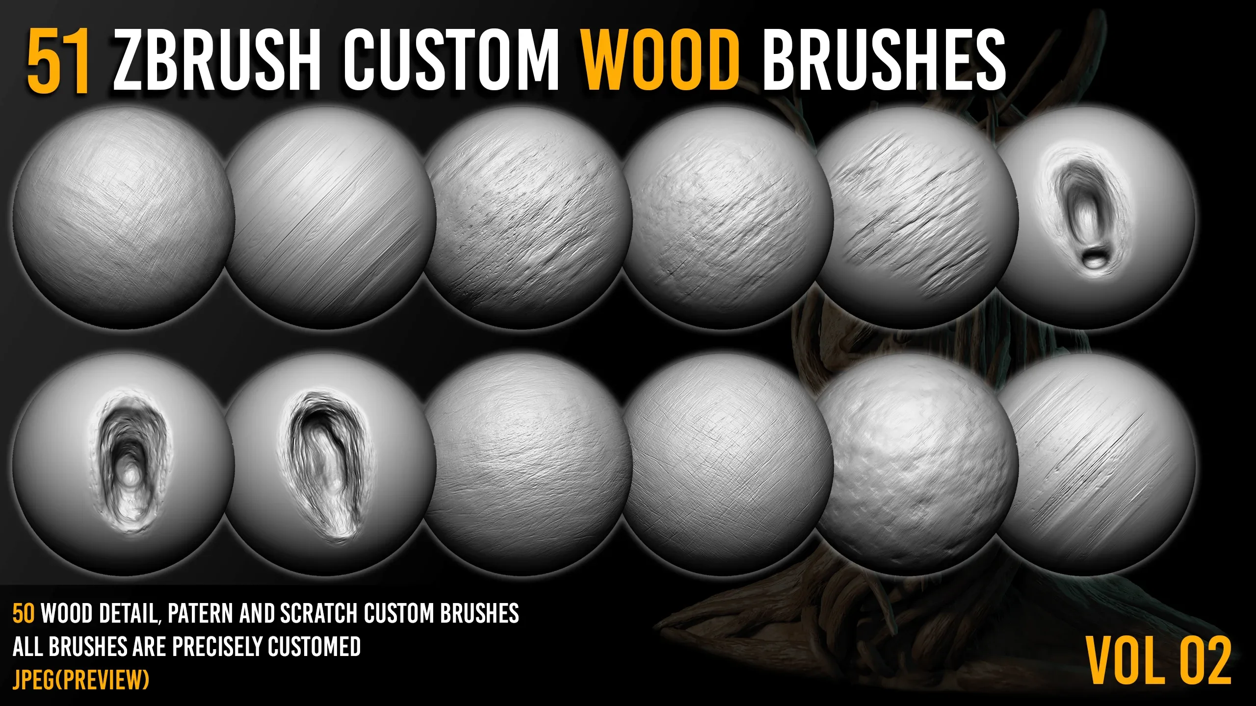 51 Zbrush Wood Sculpting Custom Brushes VOL02