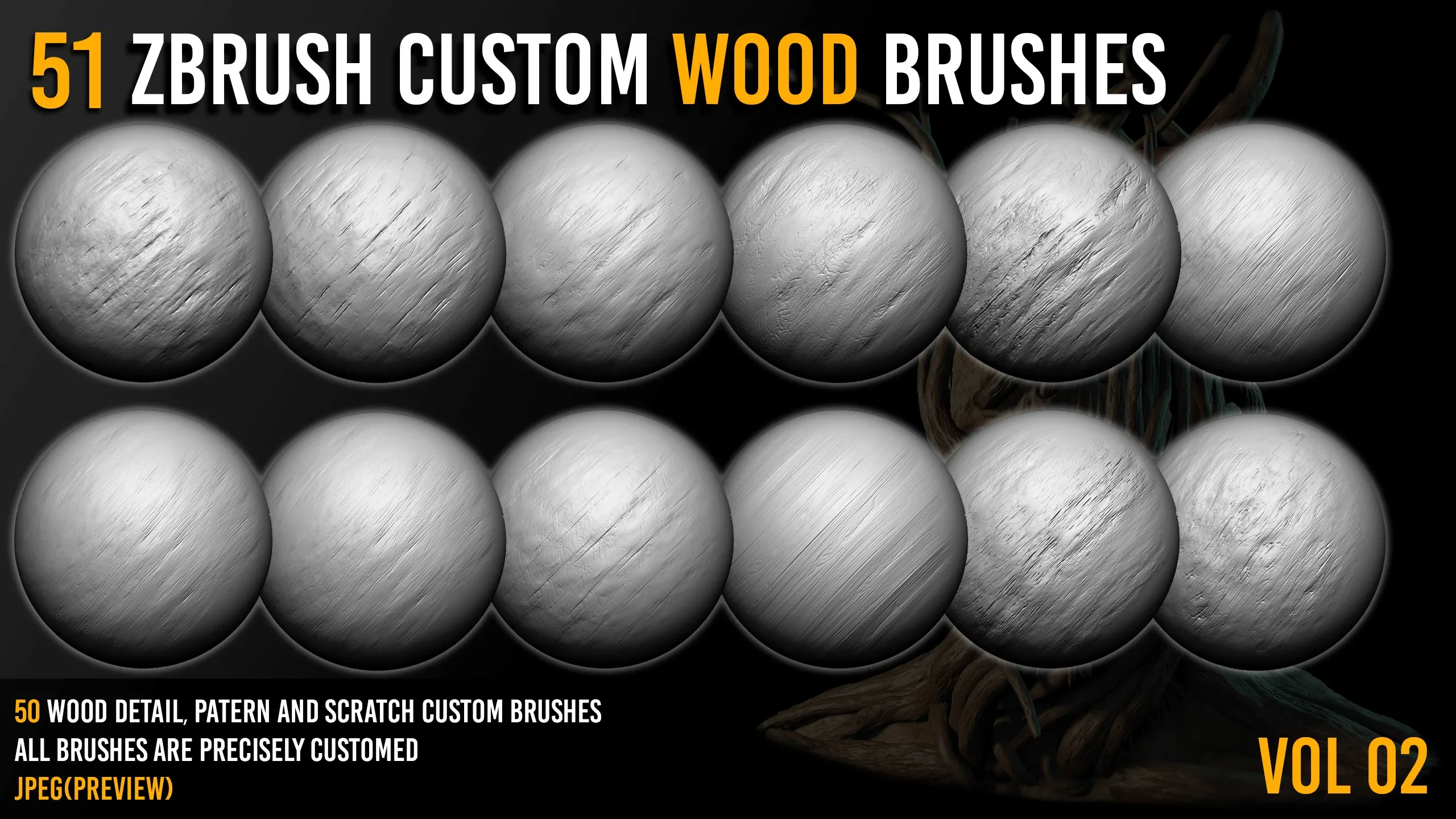 51 Zbrush Wood Sculpting Custom Brushes VOL02