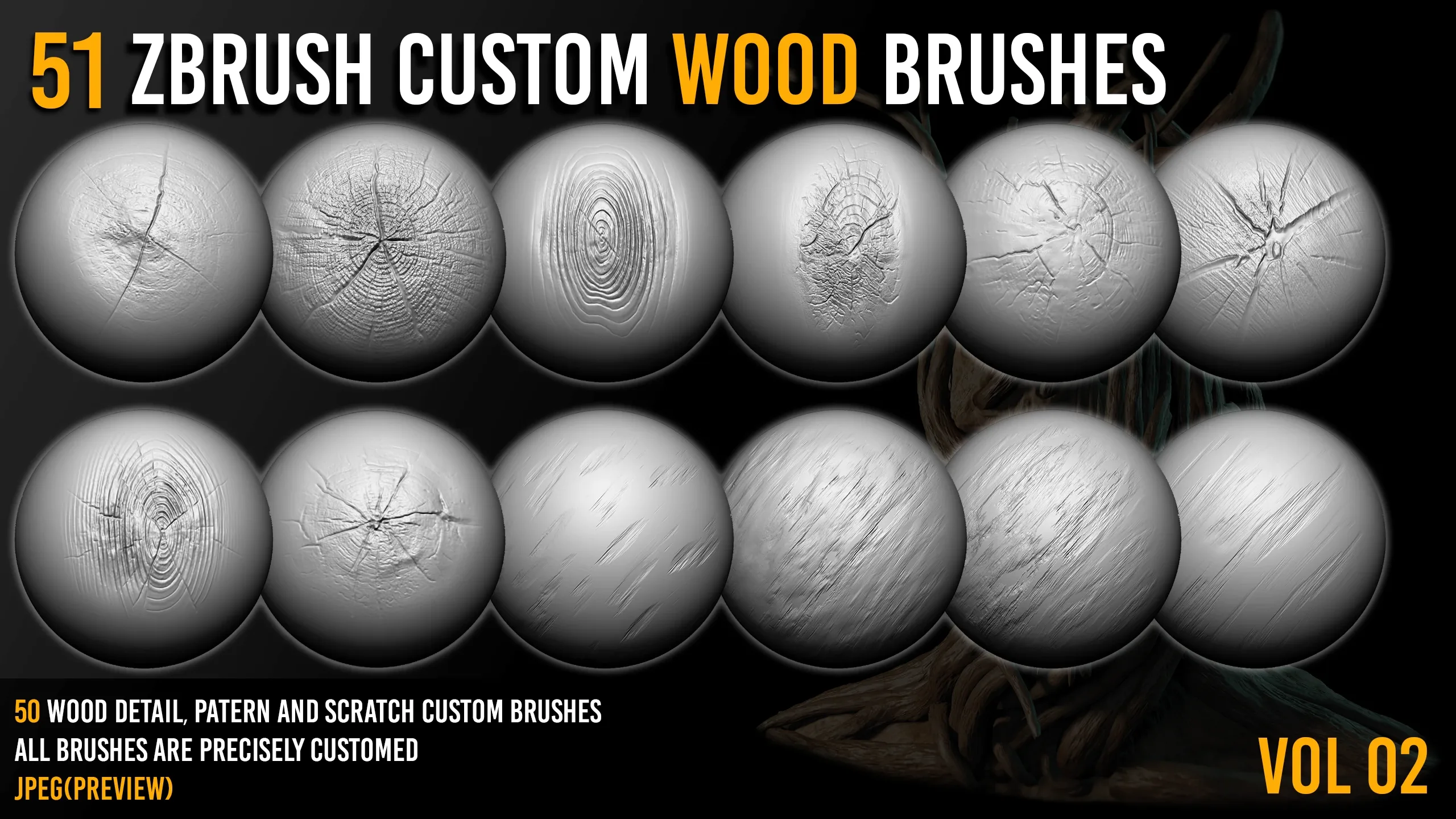 51 Zbrush Wood Sculpting Custom Brushes VOL02