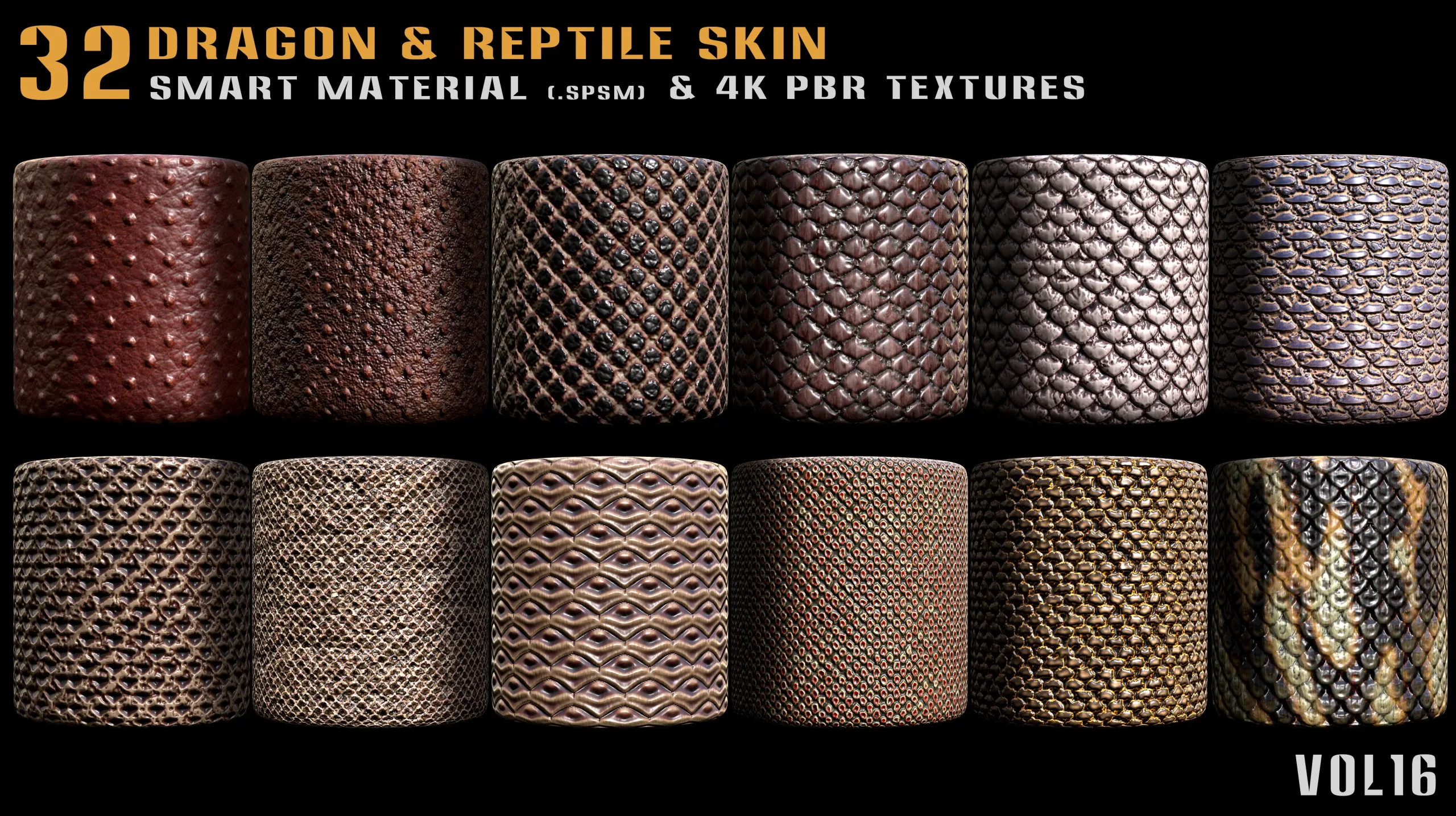 32 Dragon & Reptile Skin Smart Material + 4K PBR textures - Vol.16