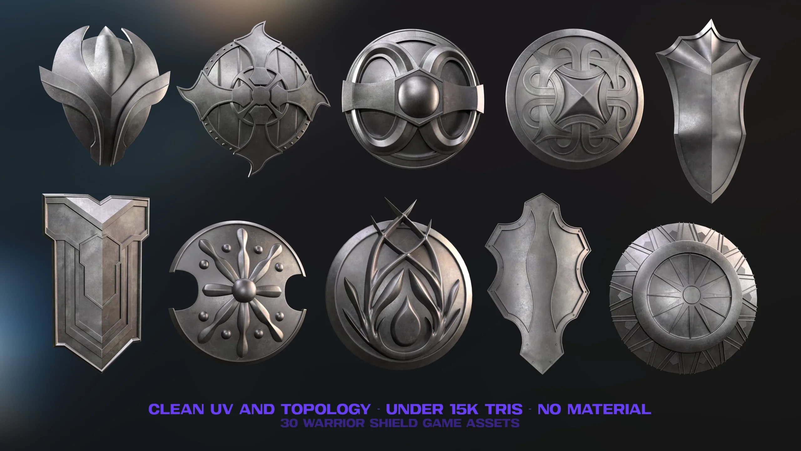 30 Warrior Shield Lowpoly Basemeshes - Vol 1 (Game-Ready)