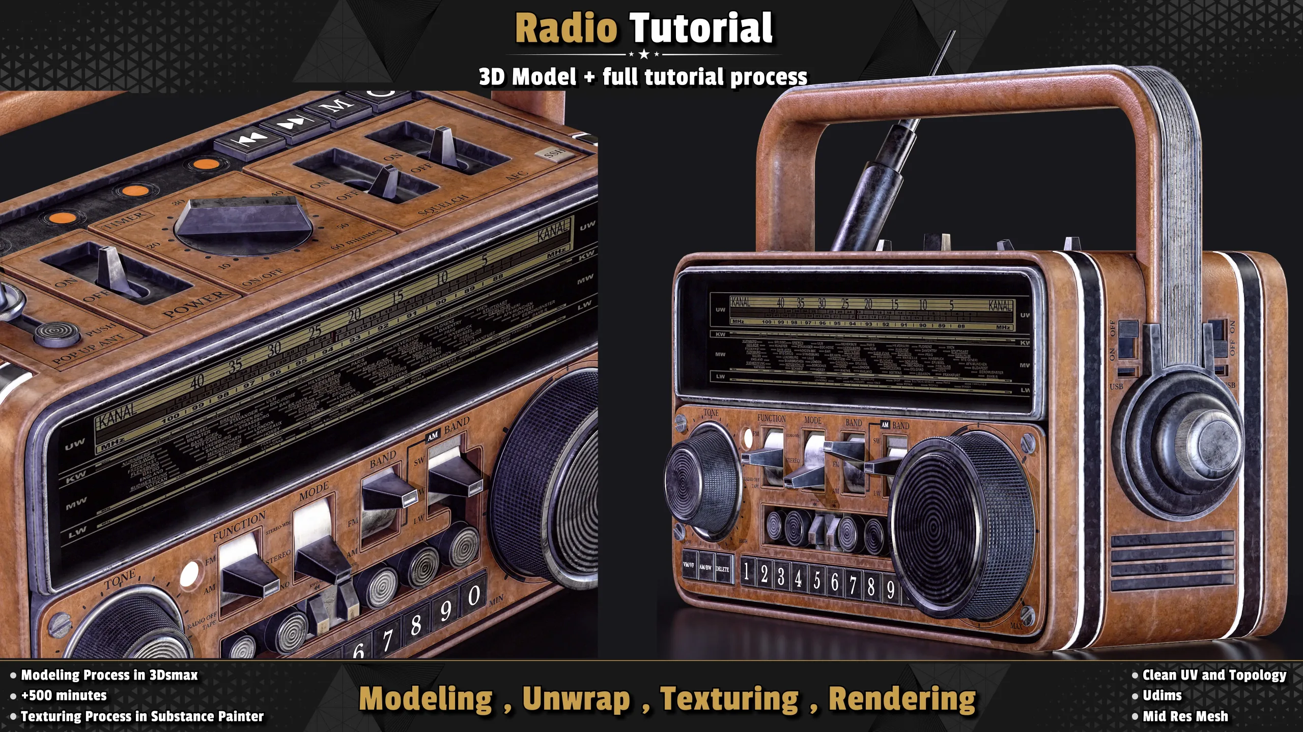 Radio Tutorial +3D Model / 3Dsmax and Substance Painter - Master modeling and texturing and create a Prop