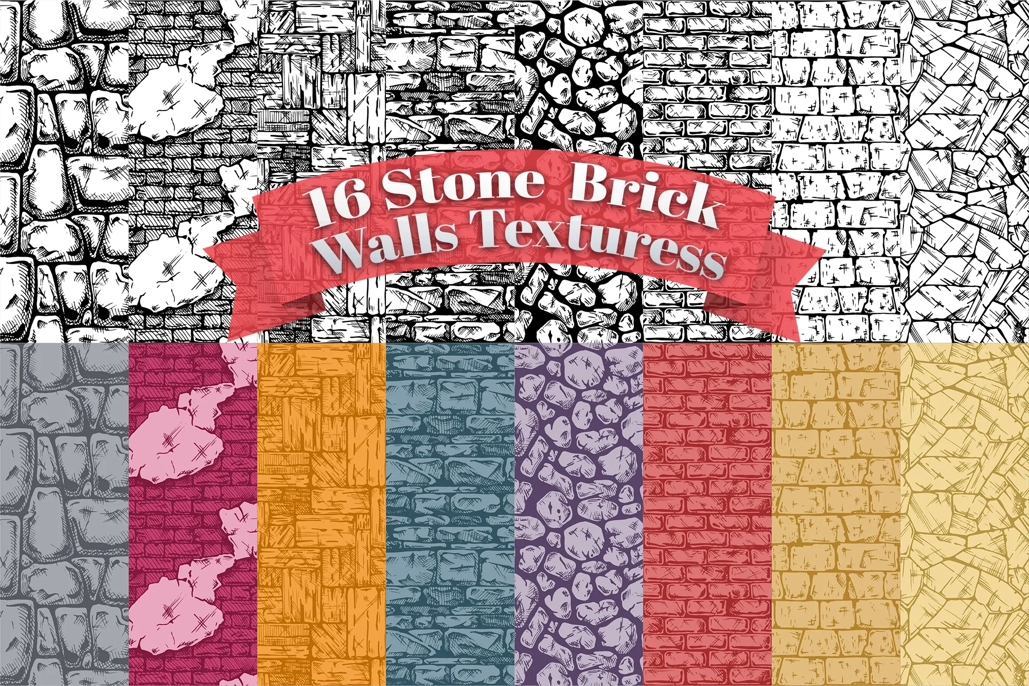 16 Stone, Brick, Walls Textures, Seamless Pattern Stone, Old Wall, Paving, Rock Background, EPS File